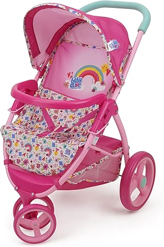 Baby Alive Cochecito de muñeca para correr, rosa y arco iris, se adapta a muñecas de hasta 24 pulgadas, toldo retráctil, barra de parachoques