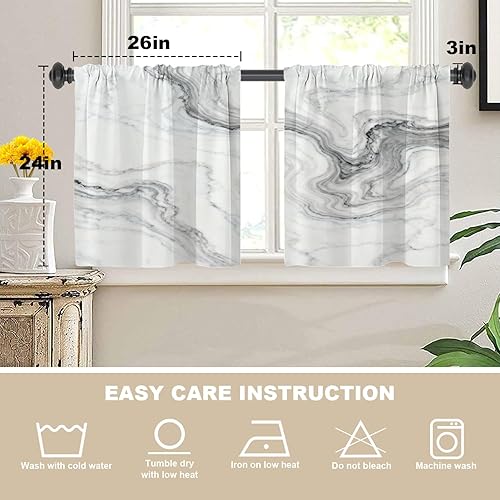 Miniatura 5 de BaoNews Cortinas opacas de mármol abstracto blanco y gris para ventanas, cenefas opacas de poliéster multicapa para cocina, paquete de 2 unidades,