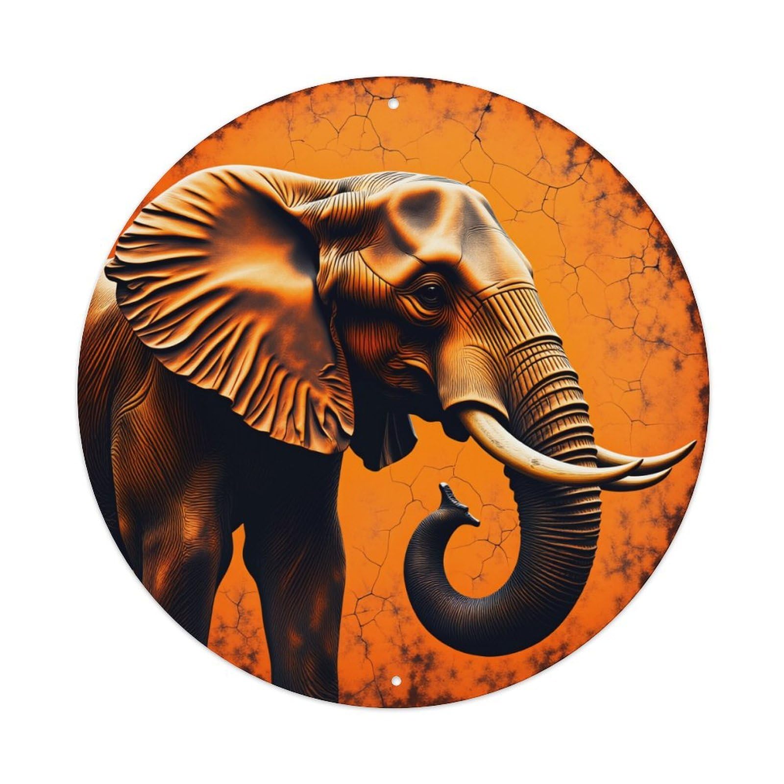 Elephant Artistic Orange Cracked Background Vintage Metal Tin Sign Retro Wall Decor for Home Bar Garage Cafe, Indoor & Outdoor Decorative，circle Metal Poster, 8x8 Inch
