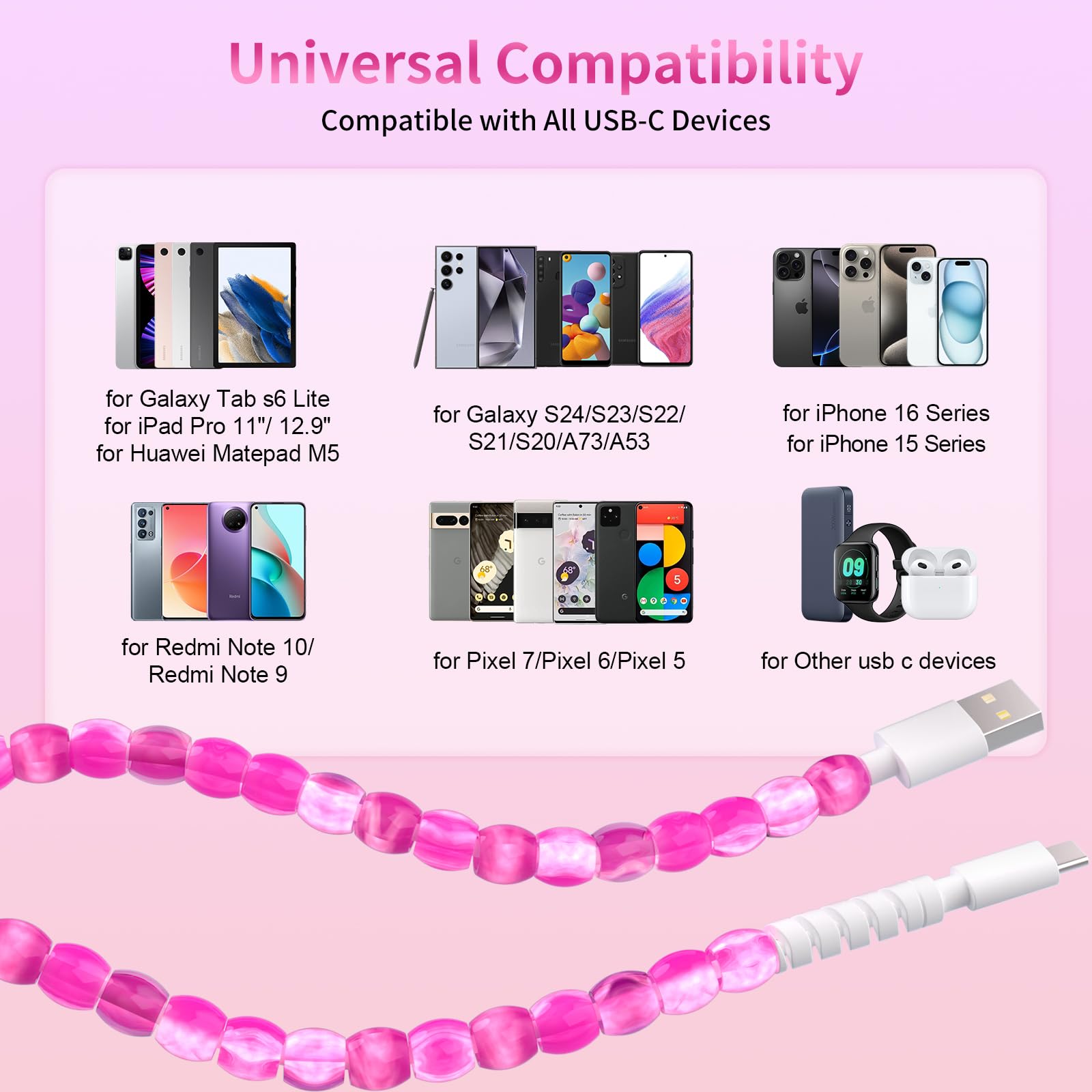 SAMONPOW Cavo USB C da 66 W USB a USB C Cavo di ricarica rapida 1,9 m carino giada perline di tipo C cavo di ricarica per donne ragazze cavo di ricarica per telefono per iPhone 16 15 Pro Galaxy S25