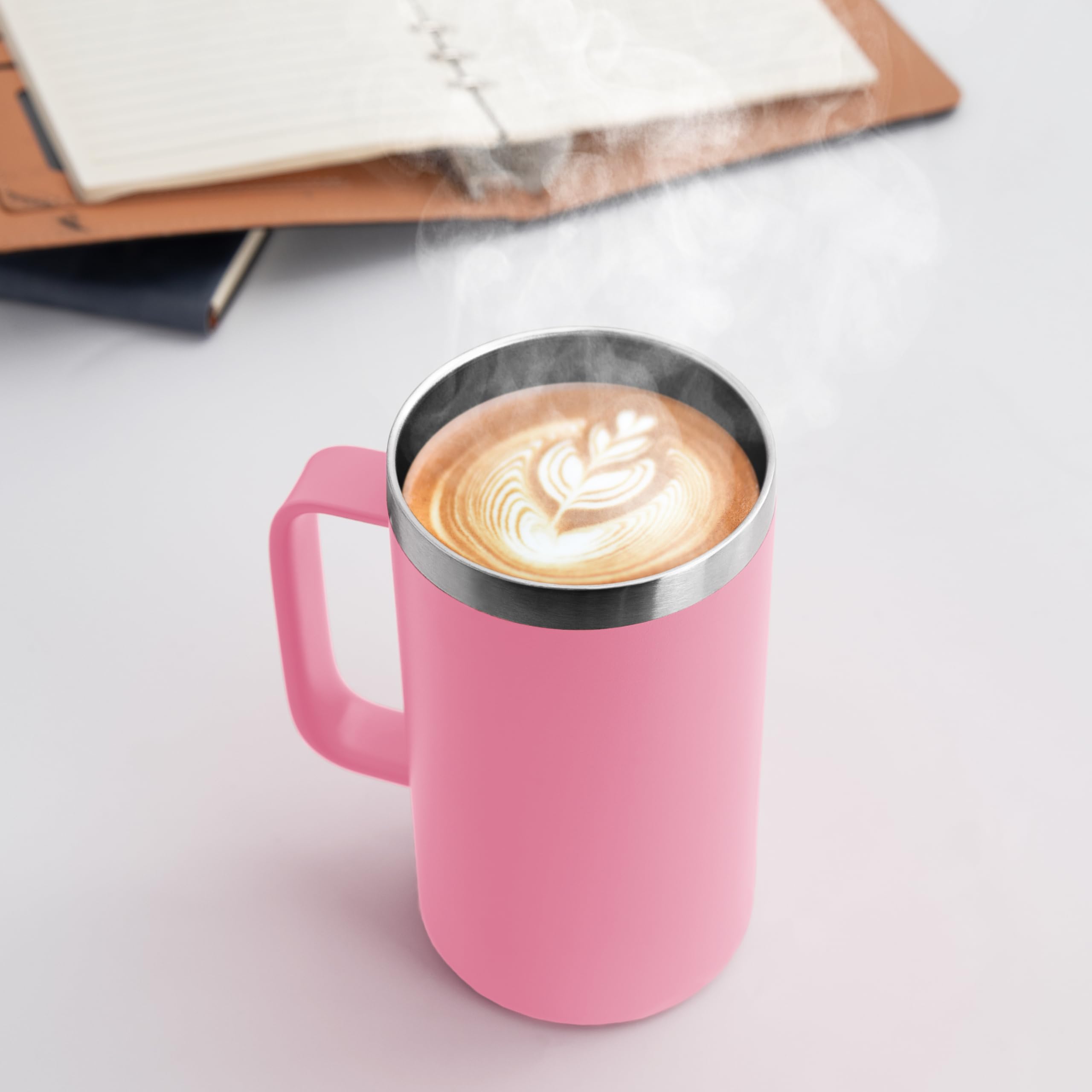 DOMICARE Taza de café de acero inoxidable de 24 onzas con asa y tapa, taza de viaje con asa, vaso de café al vacío de doble pared, taza aislada reutilizable, rosa, paquete de 8