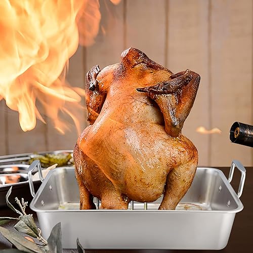 Miniatura 9 de TeamFar Sartén para asar con soporte para latas de cerveza, pollo, bandeja de goteo de acero inoxidable con soporte vertical para parrilla, horno,