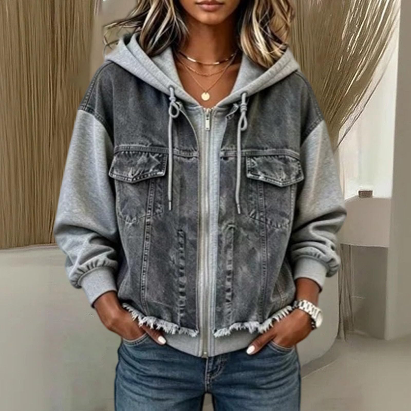 Giacca da donna in denim con cappuccio patchwork felpa con zip corta