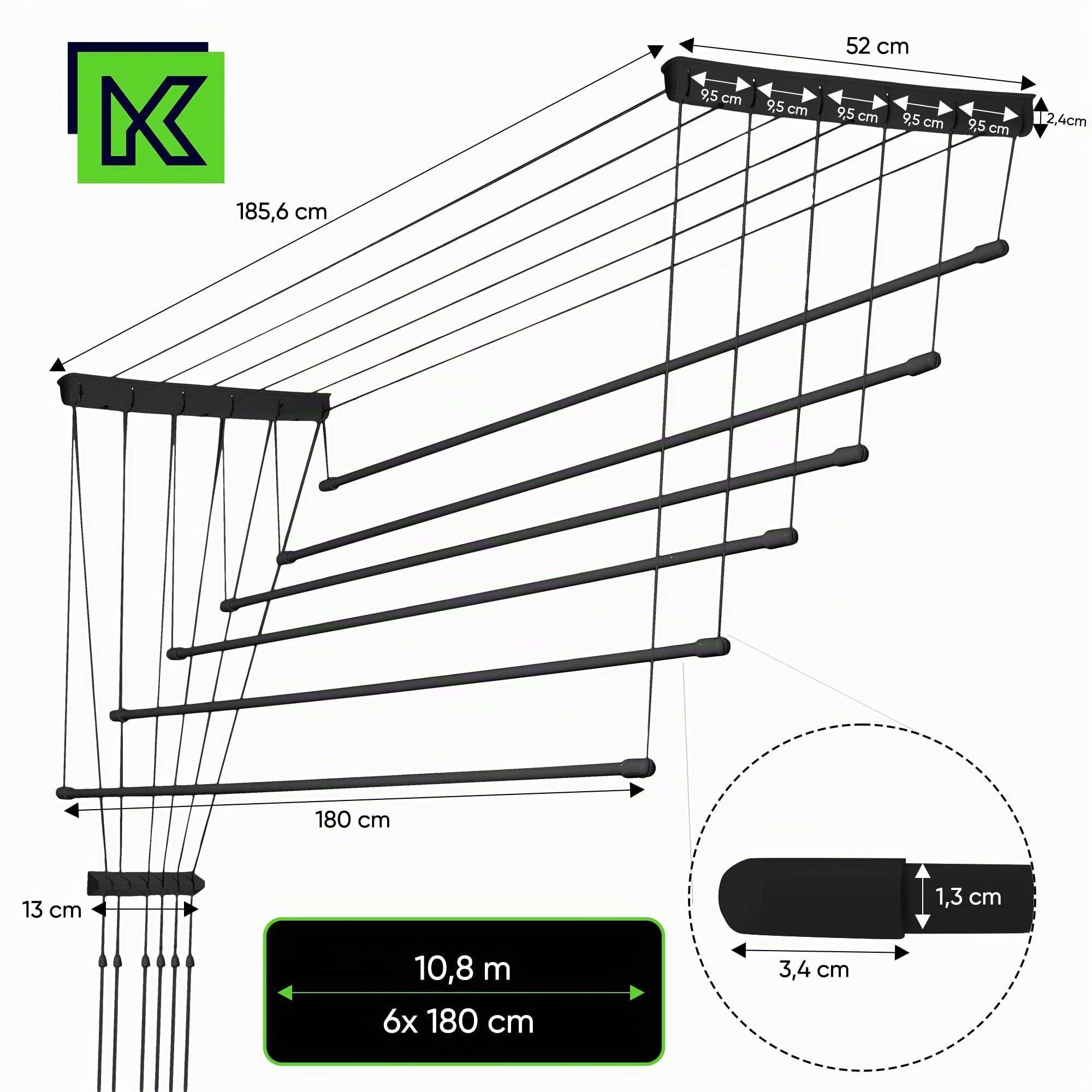KADAX Stendibiancheria da Soffitto in Acciaio Rivestito in Polietilene, Stendino con Design Salvaspazio e Capacità di Carico di 12 kg (Nero, 6 x 180)