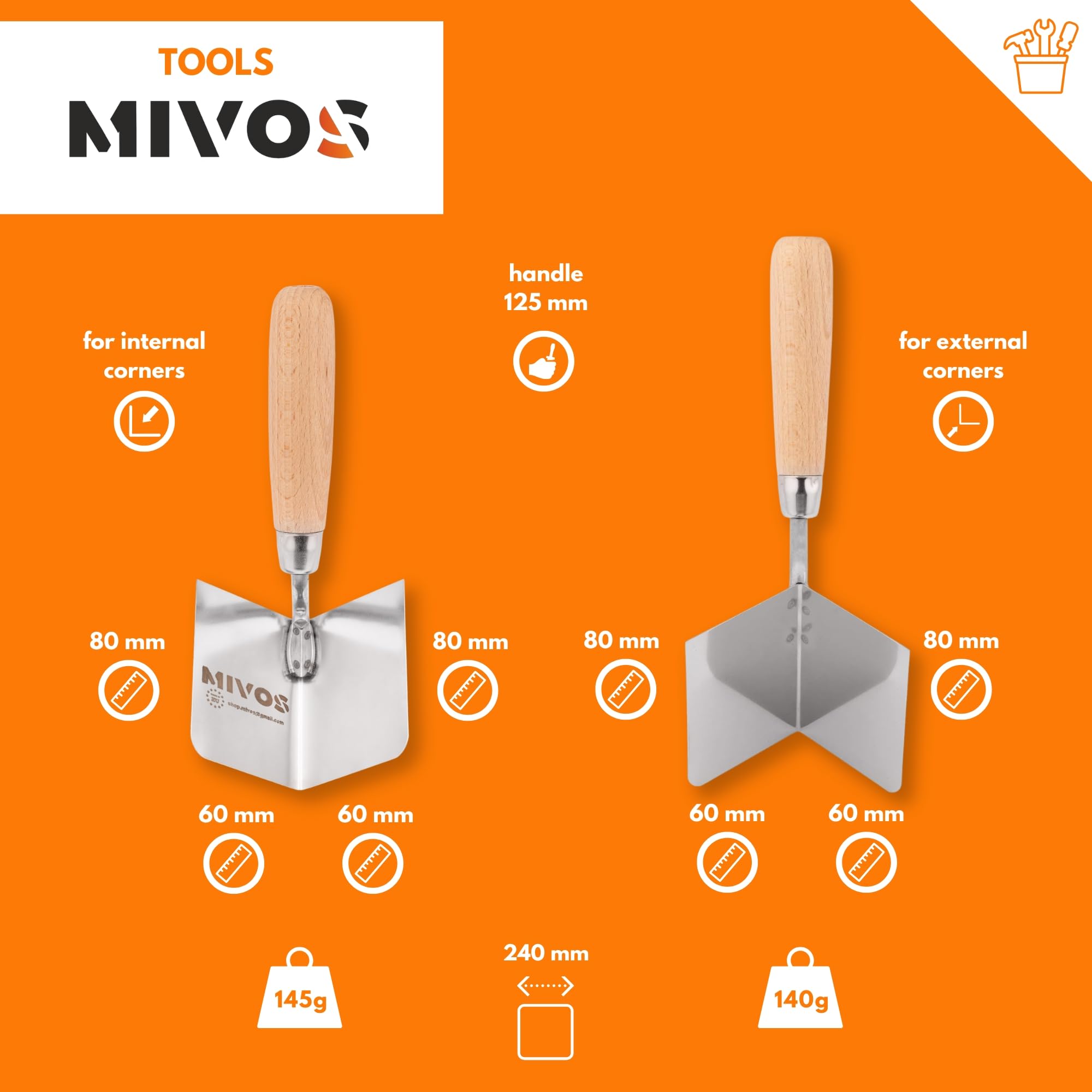 Mivos 2 x kielnia narożny ze stali nierdzewnej 80 x 60 mm – kielnia wewnętrzna i zewnętrzna – do wewnątrz i na zewnątrz z drewnianym uchwytem – szpachelka Made in