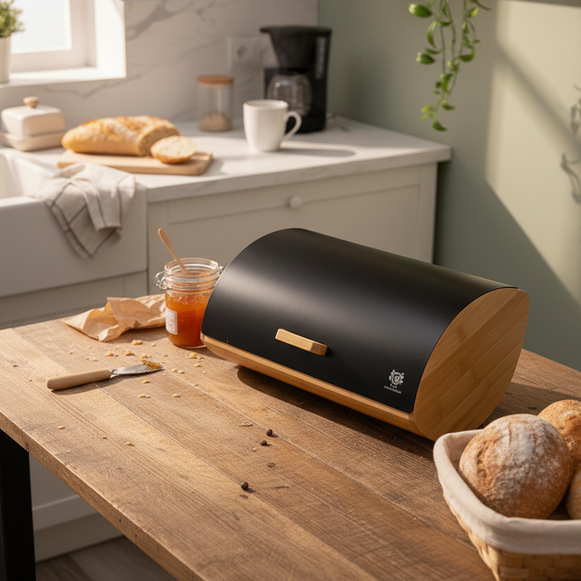 KARL HAUSMANN Porta Pane da Cucina con Coperchio - Nero Portapane Bambu - Moderno Contenitore per il Pane - Scatola Portapane in Metallo - Cassetta Portapane - Bread Box - 35 x 25 x 15,5 cm
