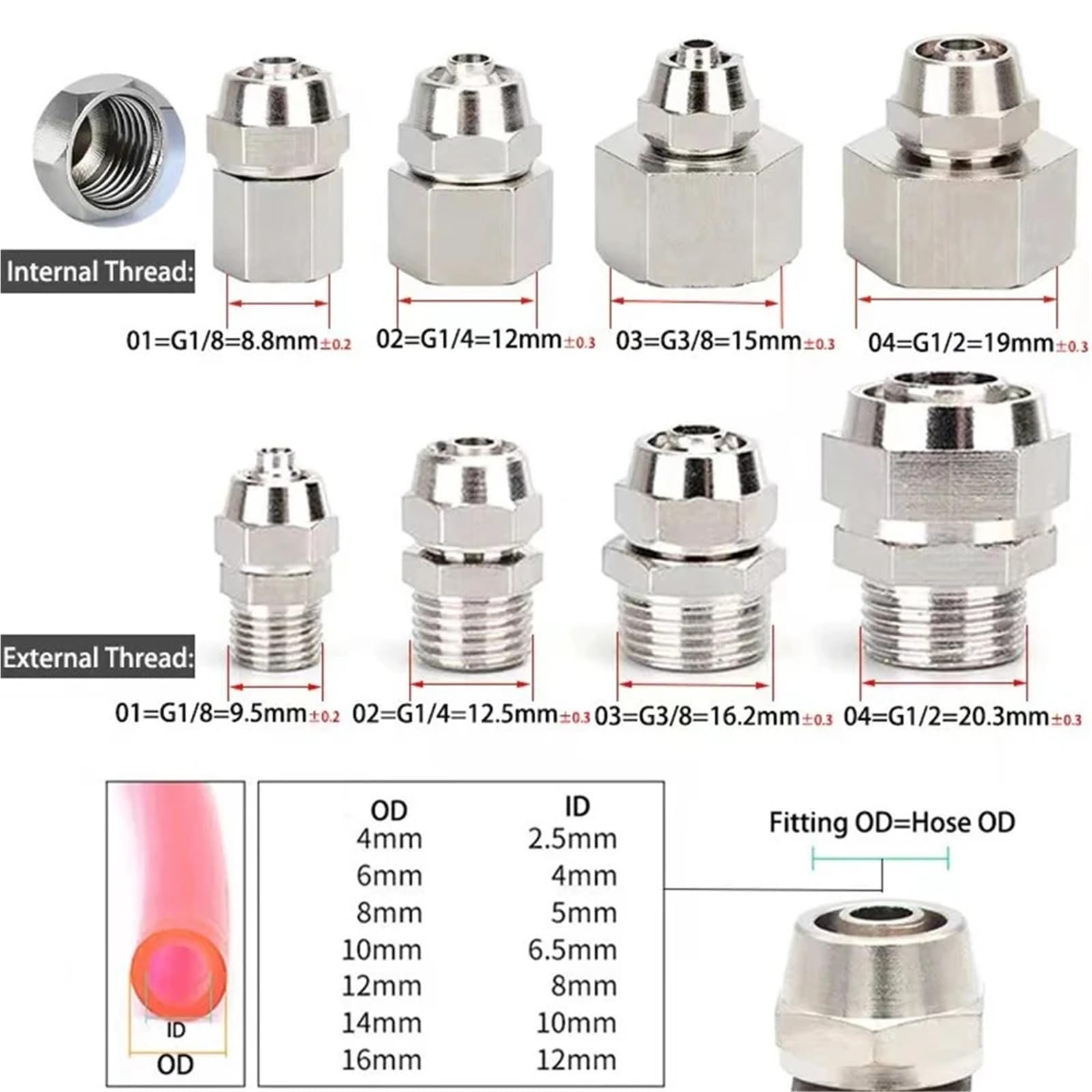 KPV Tuyau pneumatique à serrage rapide en polyuréthane 4, 6, 8, 10, 12 mm, filetage 0,3 cm, 1,3 cm, 0,6 cm en laiton (8 mm, 1,3 cm)