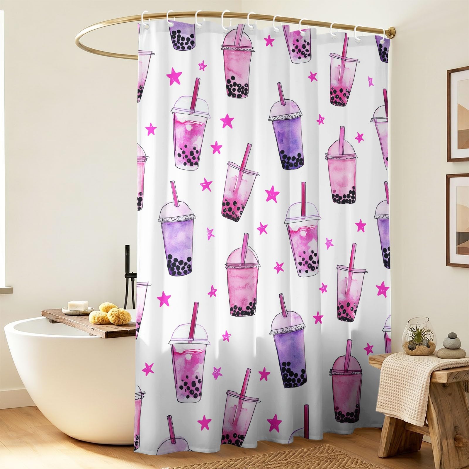 Genérico - Cortina de ducha con diseño de burbujas de té, 120 x 200 cm, antimoho, tela lavable linda estrella, cortinas de baño con ganchos, rosa