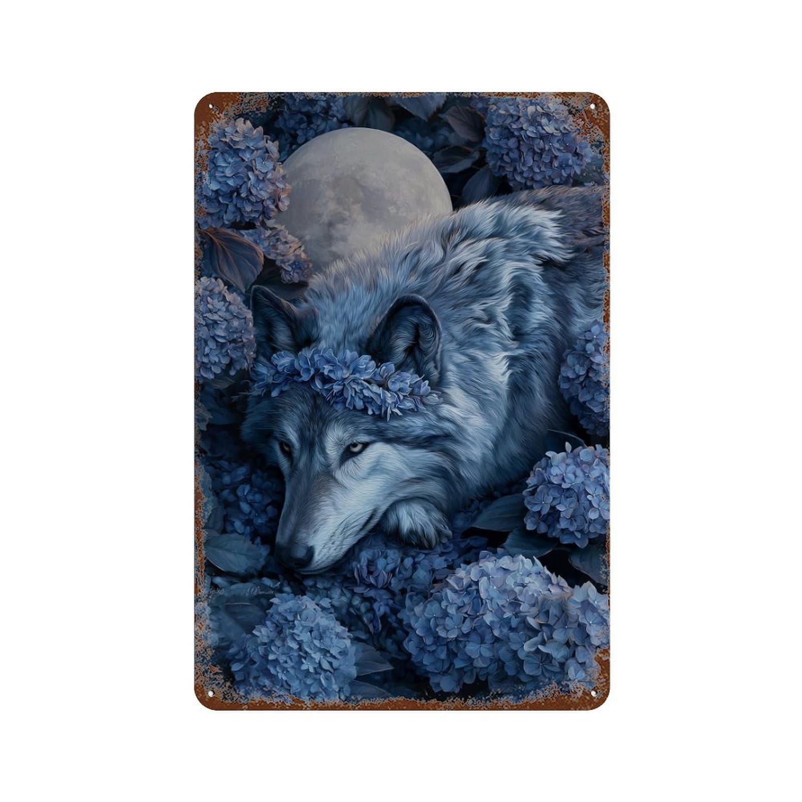 Wolf Moon Hydrangea Fantasy Art Vintage Rust Metal Sign 11.8"x7.9", Ideal for Bistro, Counter And Cafe Decor