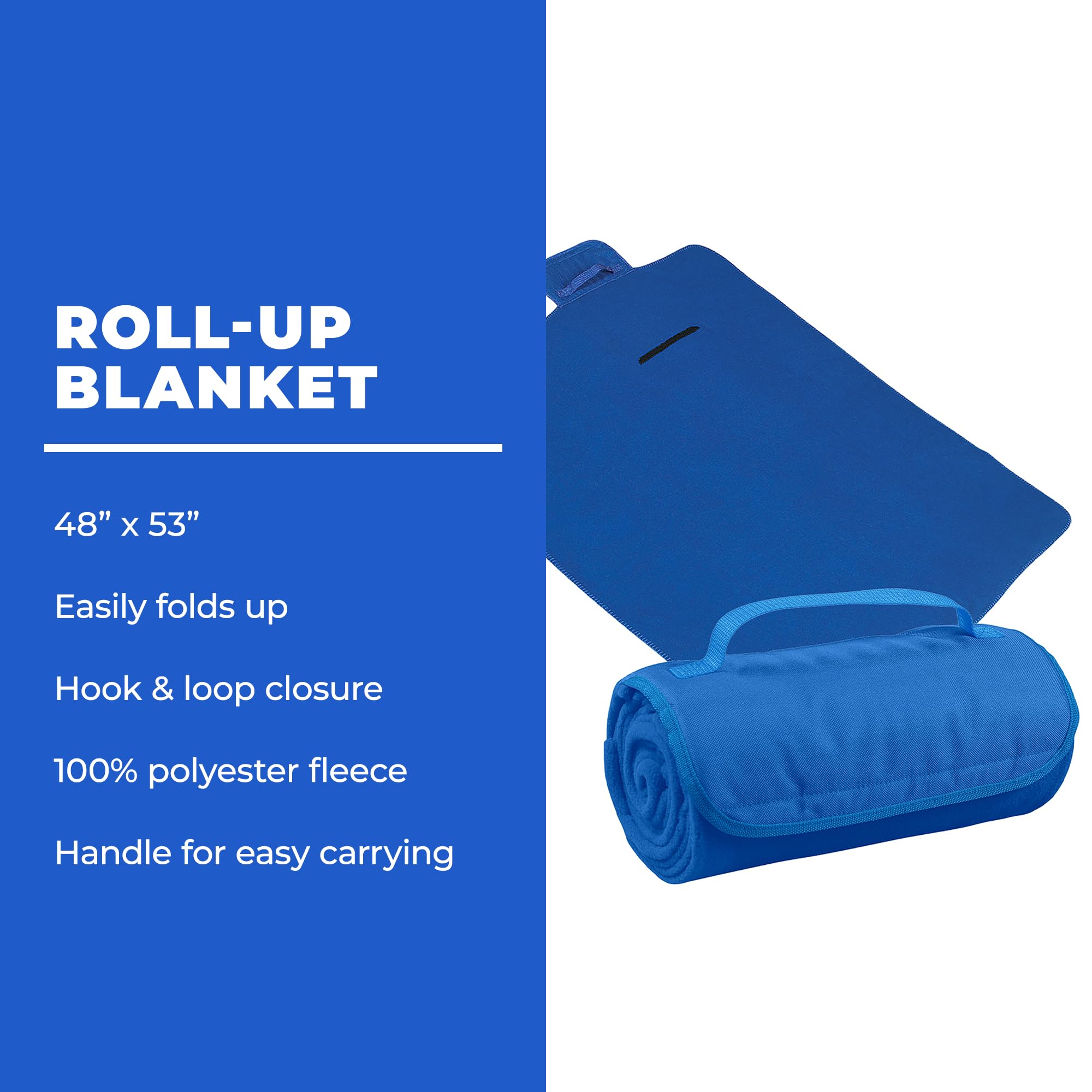 Gifts by Design 25 Ct of Roll-Up Blankets for Camping, Travel, Outdoors, Beach, Picnics – Royal Blue – Hook + Loop Closure for Easy Use in Cars & on Airplanes – Customizable for Promotions & Events