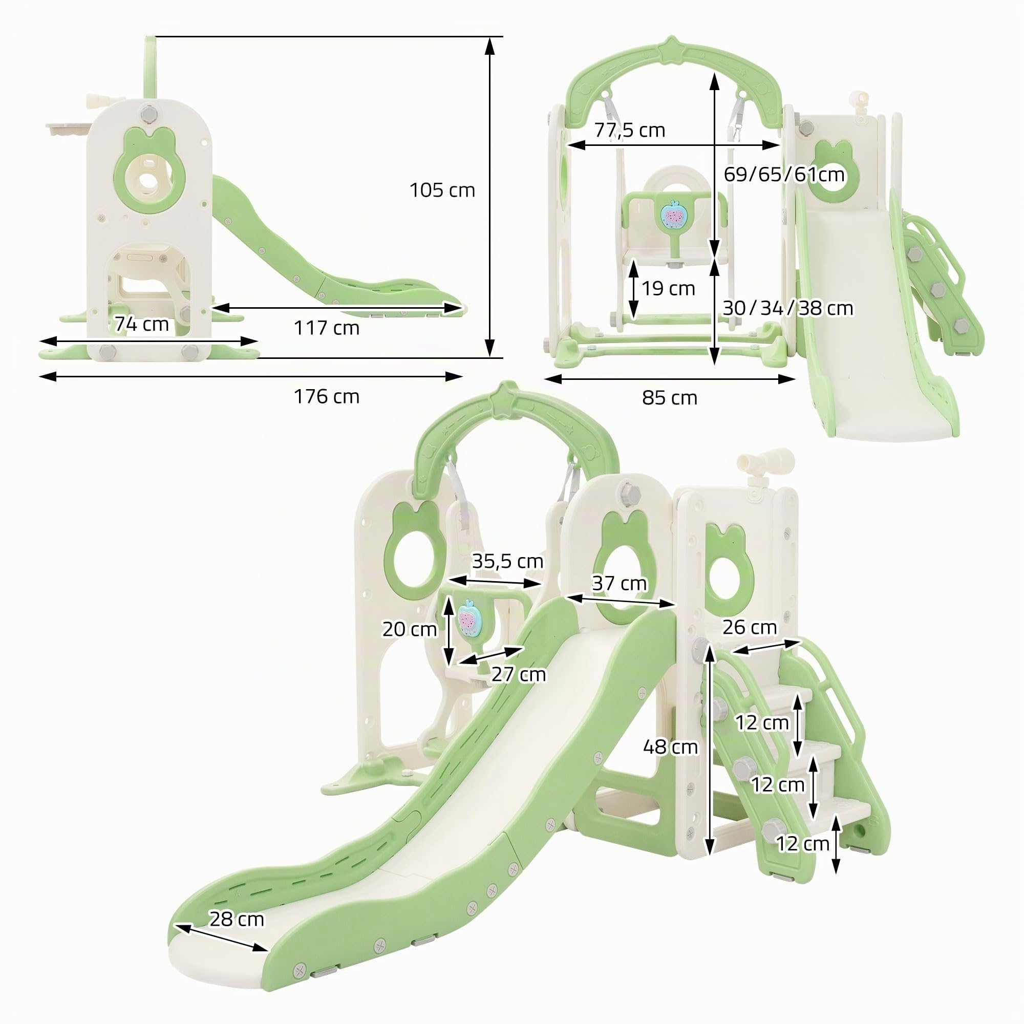 Joyz Toboggan et Balançoire Enfant 5 en 1 avec Escaliers, Télescope, Panier de Basket, Aire de Jeux Intérieure et Extérieure, Jouets Structure pour Tout-Petits, Dès 3 Ans, Plastique HDPE Vert Clair