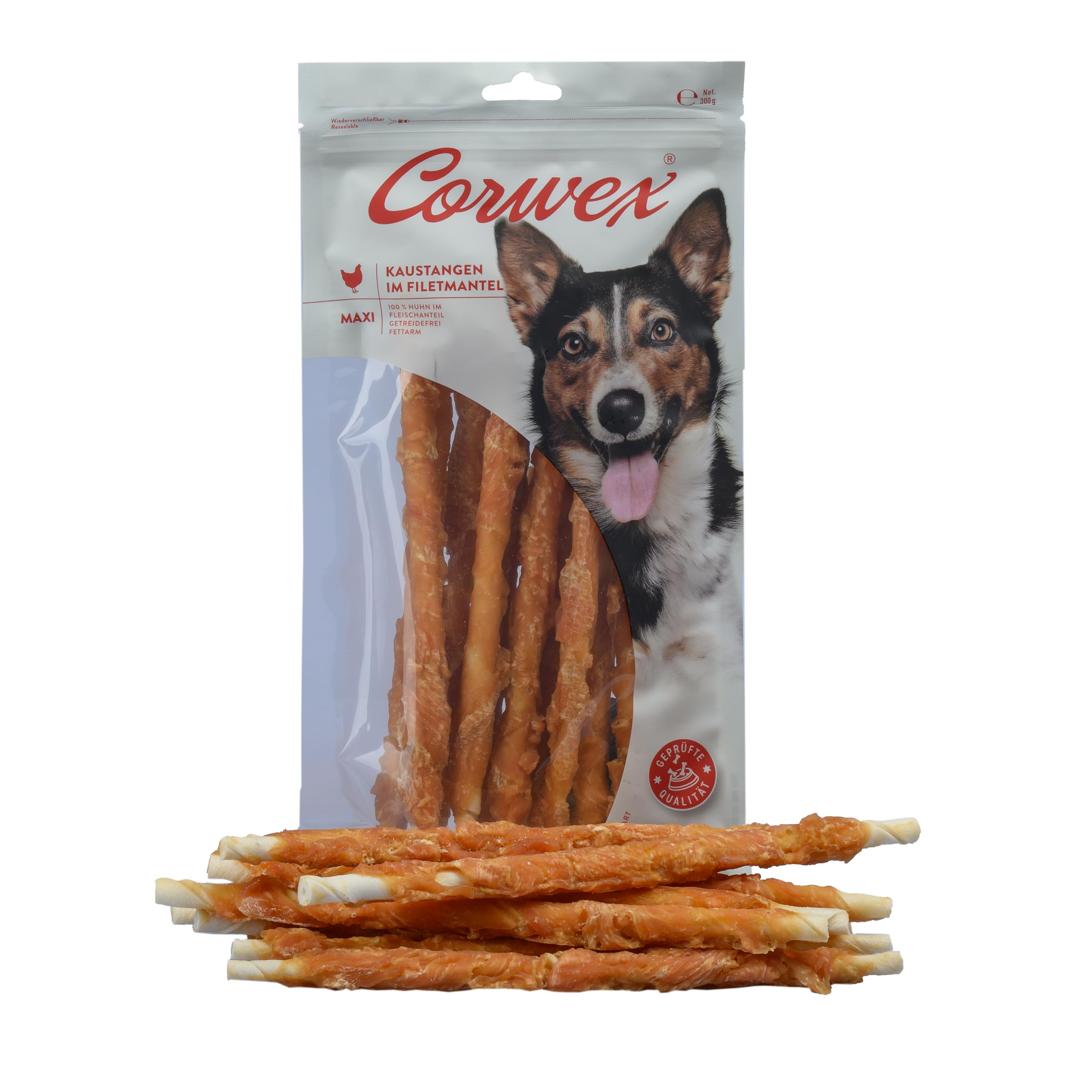 Corwex Bâton à mâcher Maxi (8 x 300 g, poulet) gainé de viande, sans céréales, collation à mâcher de qualité supérieure pour chiens sensibles