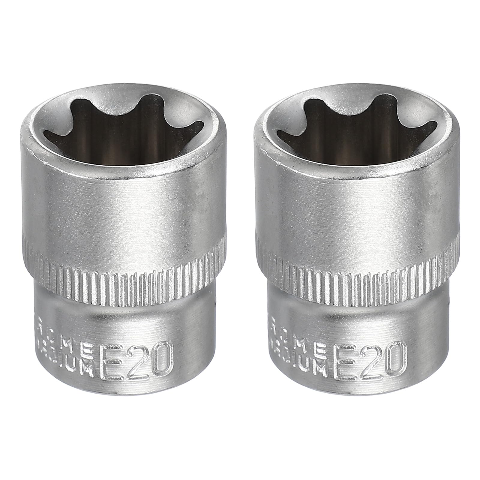 sourcing map 2pcs E-Torx Socket 3/8" Drive E20 Star Metric Socket 1.2" Length External Torx Shallow Sleeve 35K Alloy Steel Chrome 6 Point Spline Sleeve for Auto Repairs