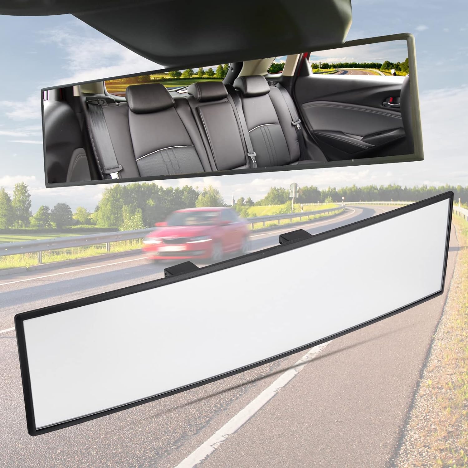 A wide panoramic rearview mirror clipped over a standard mirror