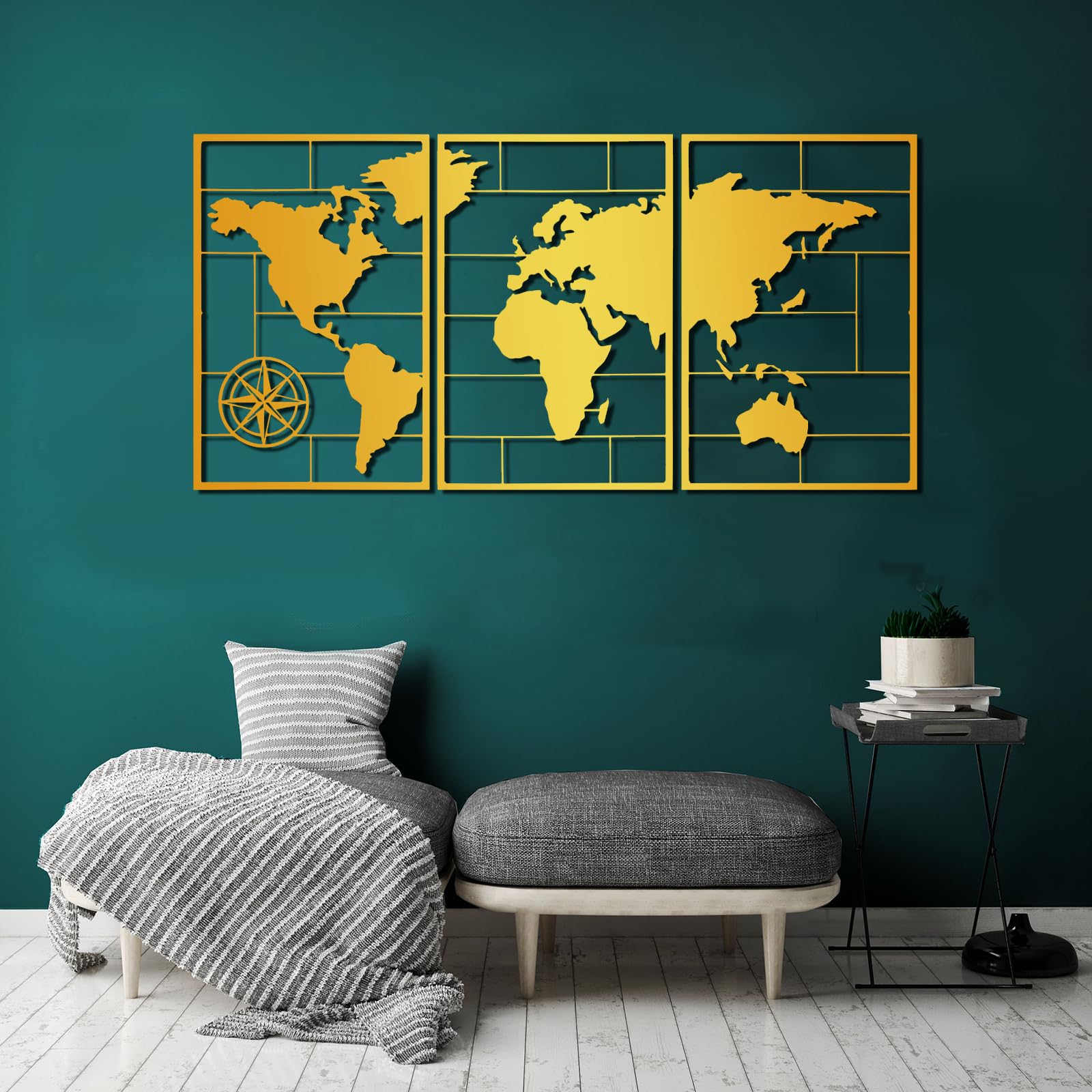 Genérico Arte de Pared de Metal Negro, 3 Piezas, Mapa del Mundo, Estilo 3D, decoración de Oficina, Arte de Pared de Metal, decoración artística, para Sala de Estar, Dormitorio, Pasillo y escaler