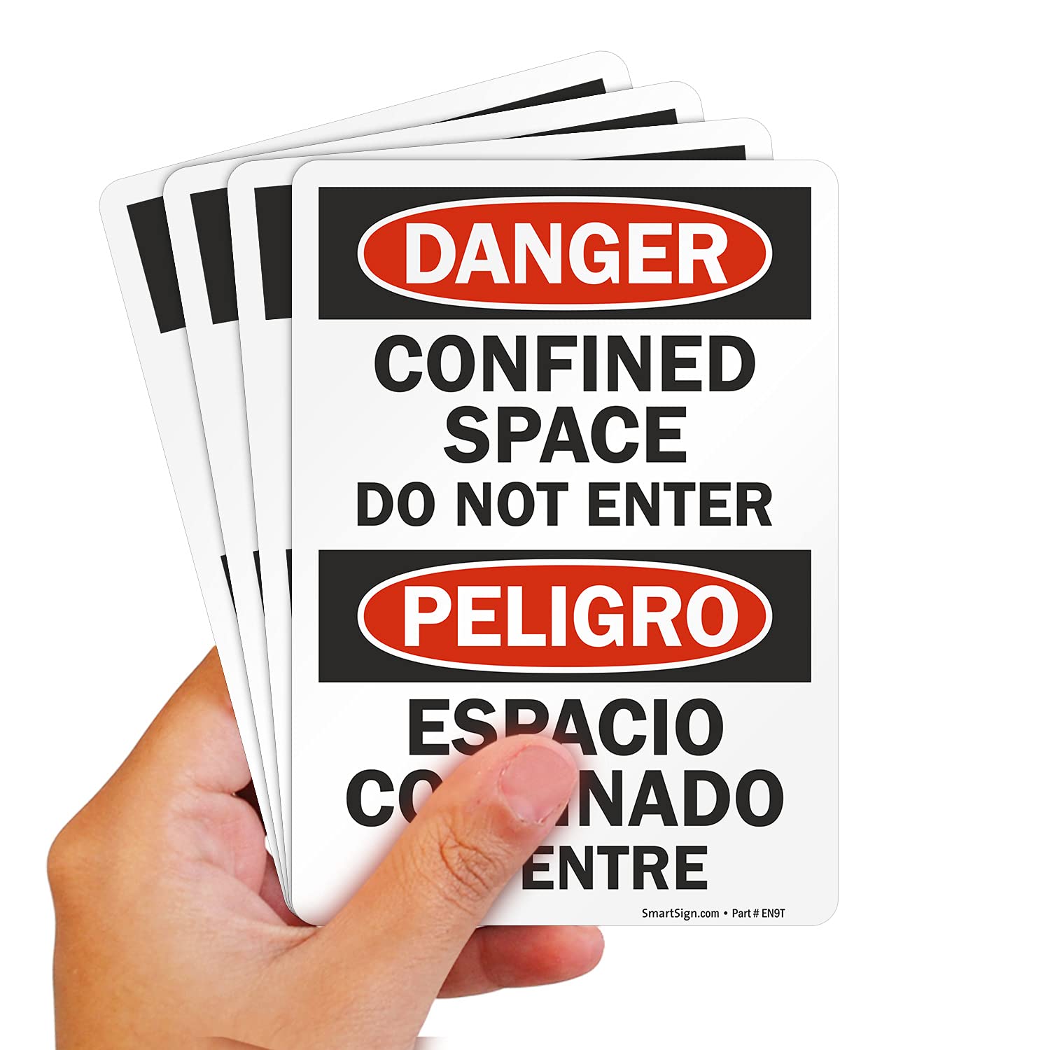 SmartSign (Pack of 4) 7 x 5 inch “Danger - Confined Space, Do Not Enter” OSHA Bilingual Sticker Labels, 5 mil Laminated Polyester with SuperStick