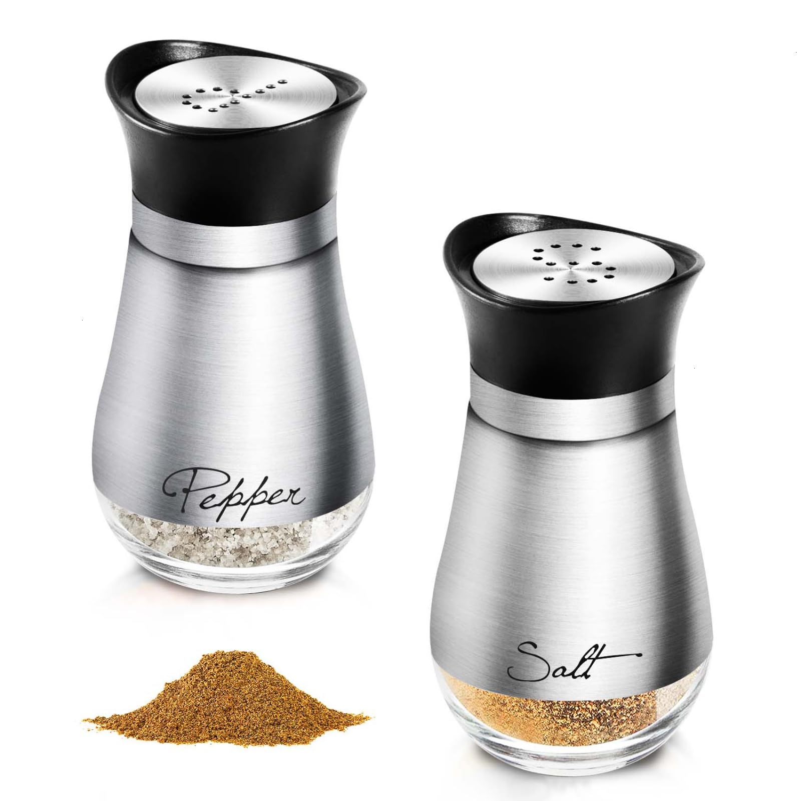 WSSROGY2 Pack Salt and Pepper Shakers Set with Stainless Steel Lid Salt Pepper Shaker, 4 oz Glass Bottom Spice Shaker with Pour Holes for Kitchen Gadgets Cooking, Camp, BBQ