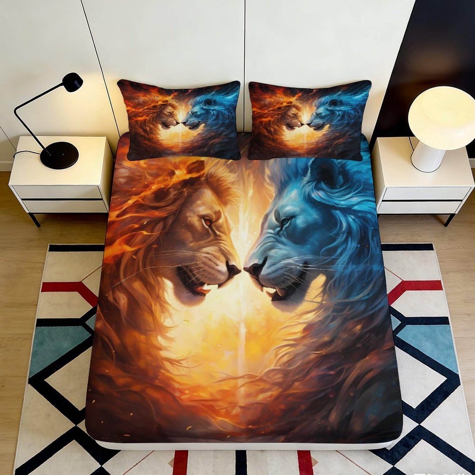 3D Printed Fire Lion Fitted Sheet Microfiber Soft Breathable Ice Lion Mattress Cover for Bedroom Guest Room Decor 120x200x25cm
