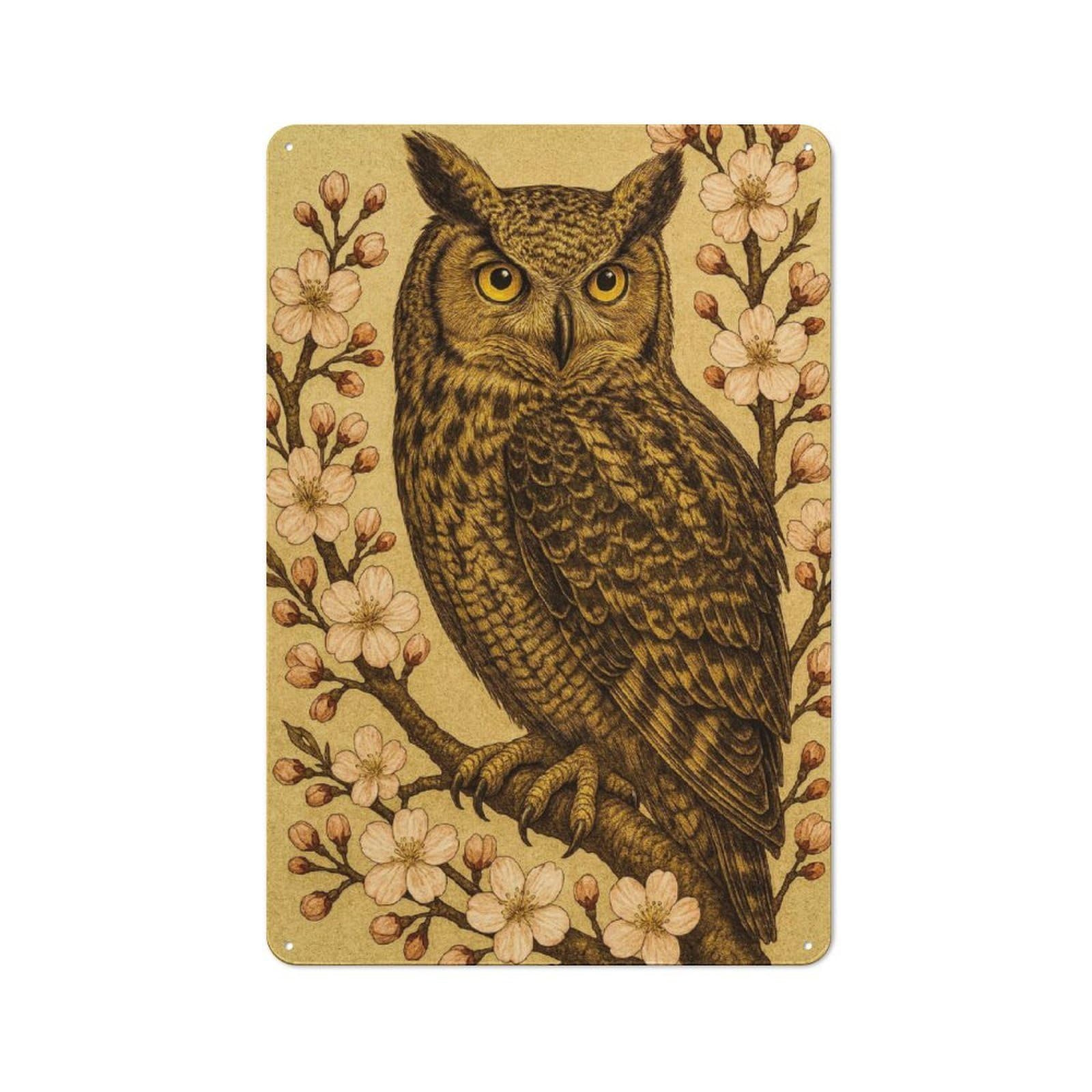 Junmoney Style-1 Vintage Tin Sign 30X20cm With Detailed Owl On Cherry Blossom Branch For Living Room Or Hallway, For Vintage Wall Decor Fans, For Metal Sign Collectors