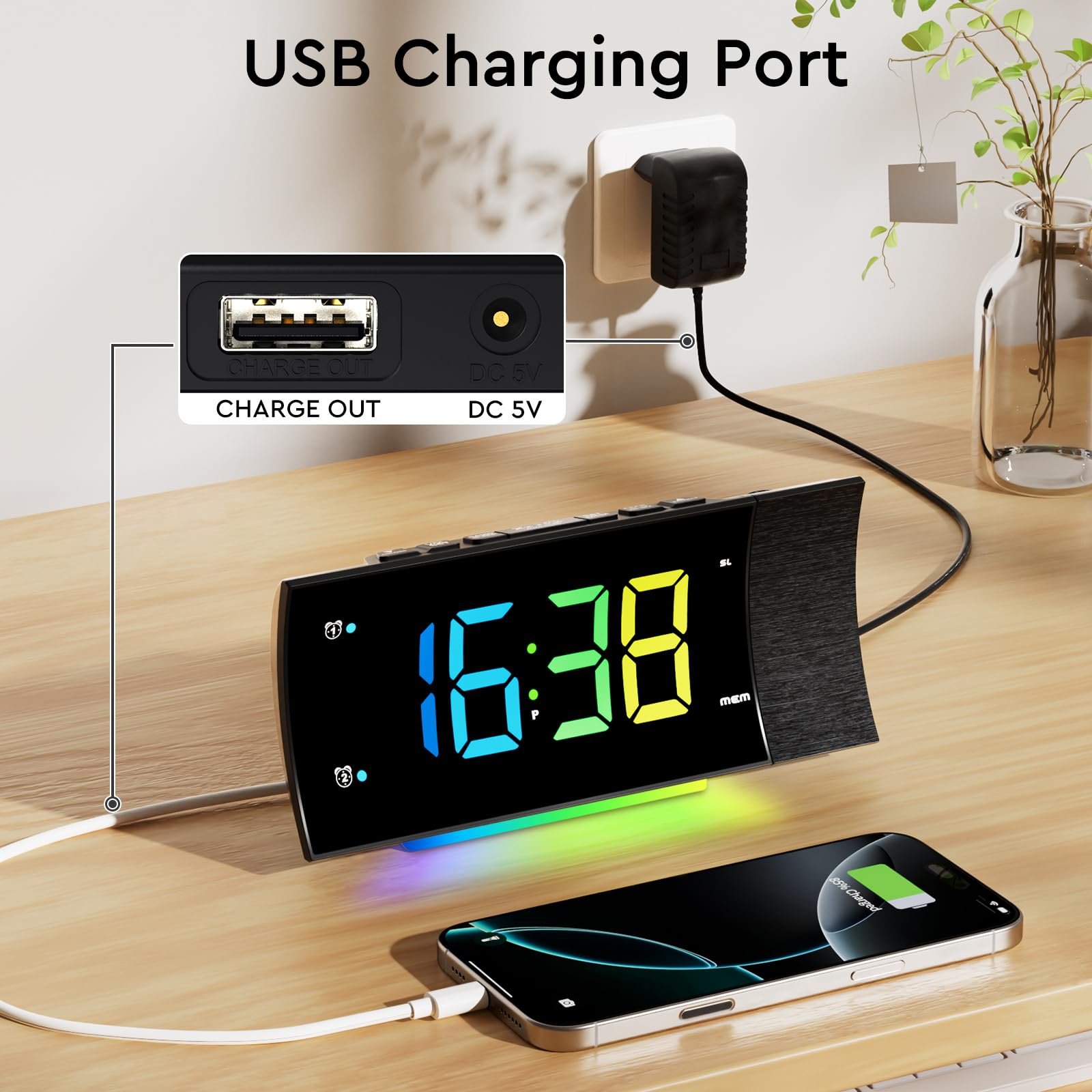 Radio Reveil Projecteur Plafond 180°, Radio Réveil FM Numérique, Grand Écran LED, Chargeur USB, Double Alarme, 12/24H, Snooze, Horloge Projection Plafond pour la Chambre