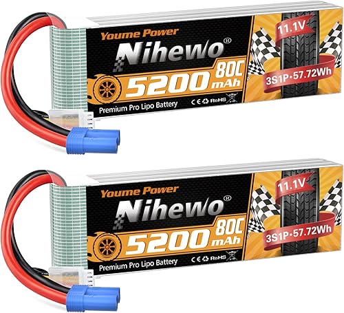 Paquete de 2 baterías Lipo 3S, batería RC Lipo 11.1V 5200mAh 80C EC5 conector compatible con Arrma Axial 18 110 RC Car Truck Truggy Vehículos