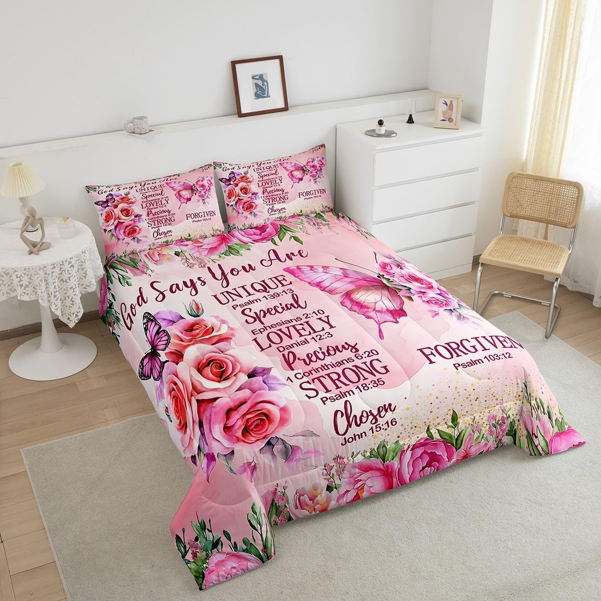 Erosebridal Pink Butterfly Bedding Set Twin Boho Girly Pink Floral Comforter for Girls Kids Women Inspirational Quotes Duvet Insert Bible Verse Colorful Bohemian Rose Flower Bed Sets