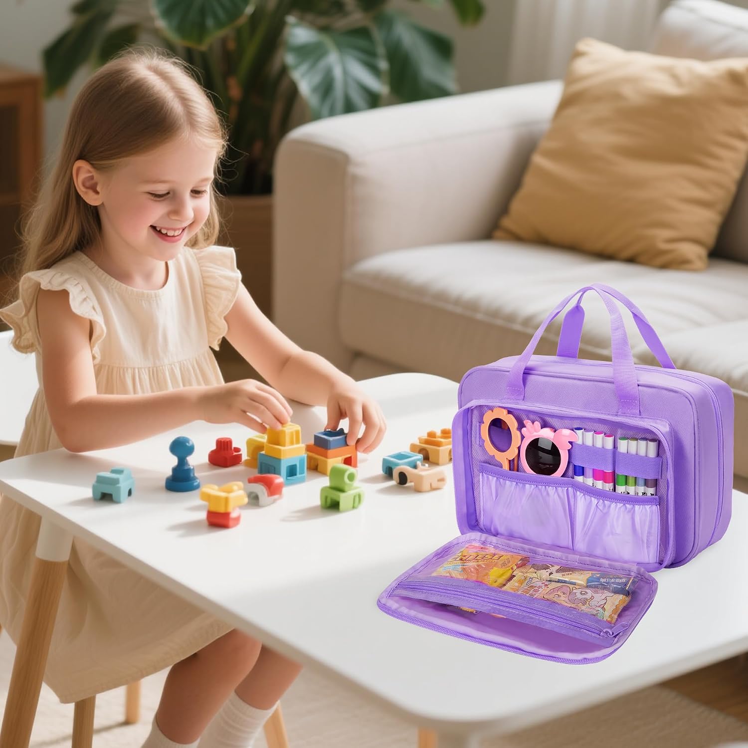 Kids Travel Toy Organizer with Hanging Hook, Storage Bags with Multi-compartments for Child’s Toys, Snack or Other Essentials, Water-resistant Toiletry Carrying Bag, Two Way Zipper, Purple (Bag Only)