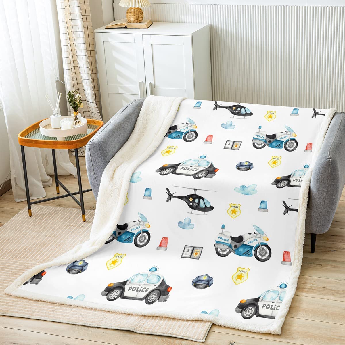Feelingyou Car 03 Police Car Bed Blanket Policeman Motorcycle Throw Blanket Lightweight Soft Cozy Blue Red White Fleece Blanket Polica Vehicle Flannel Blanket For Sofa Bedroom Office Travel All Season(Twin 60"X80")