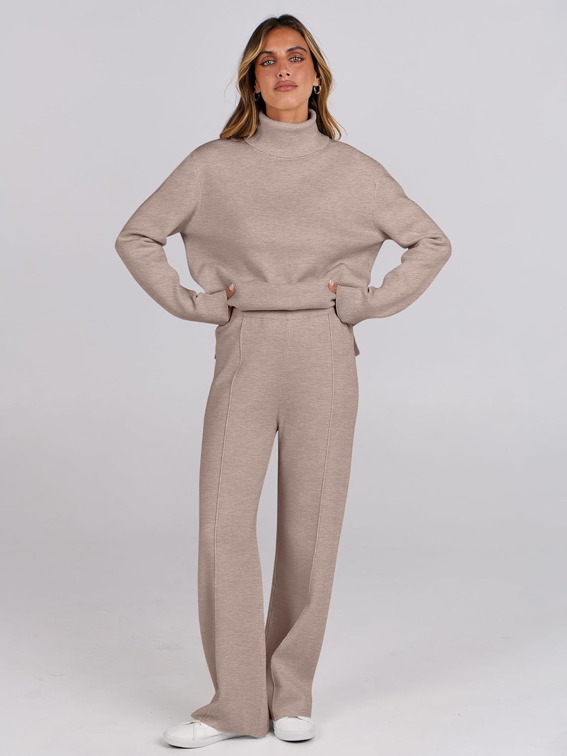 ANRABESS Womens 2 Piece Outfits Turtleneck Matching Lounge Set Sweater Top Wide Leg Pants Fall Cozy Knit Sweatsuit Loungewear - Image 5