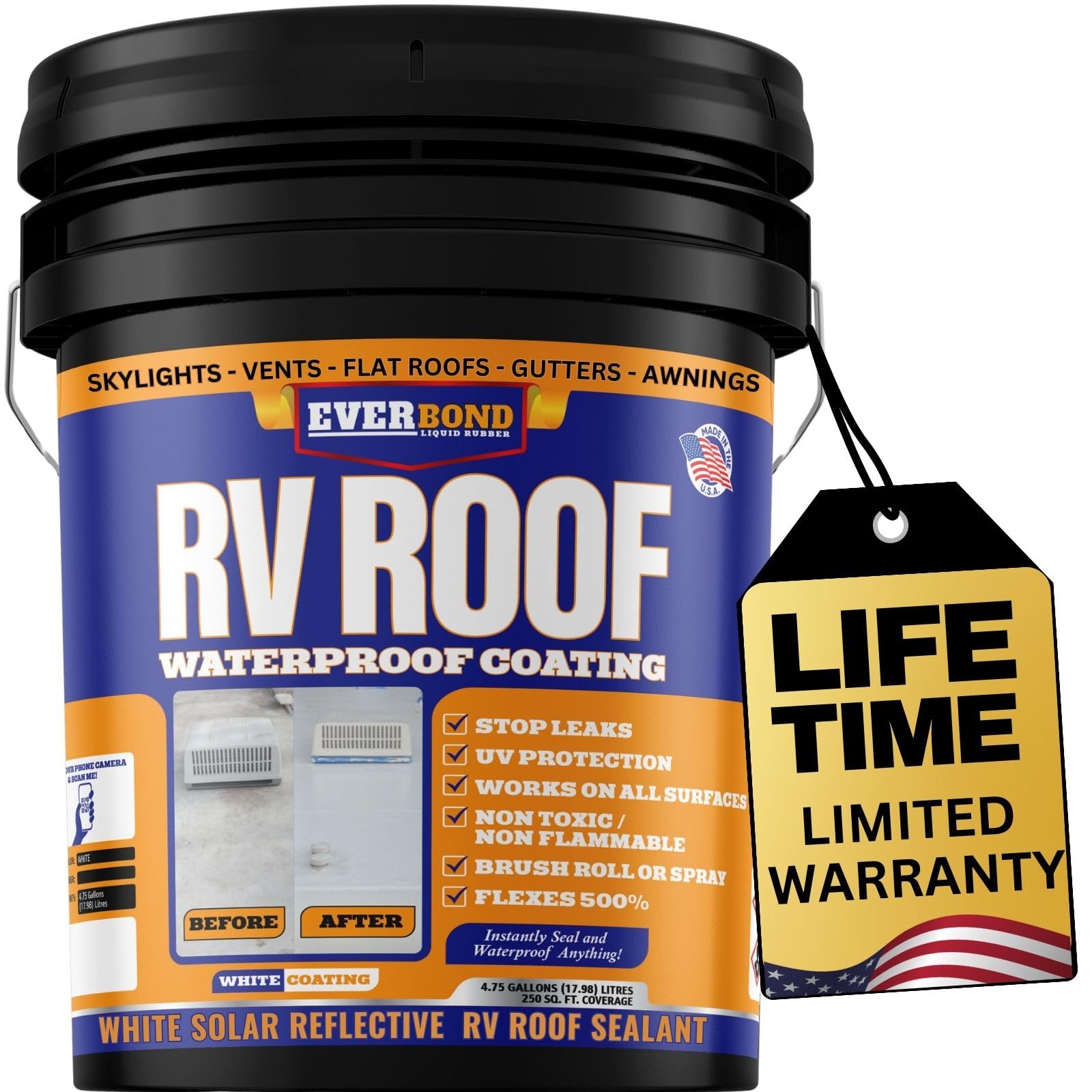 - Liquid Rubber RV Roof Coating - Roof Sealant for Camper Roofs, Trailers, Motorhomes, and Metal Buildings - Roof Cooling White 4.75 Gallon - Made in USA