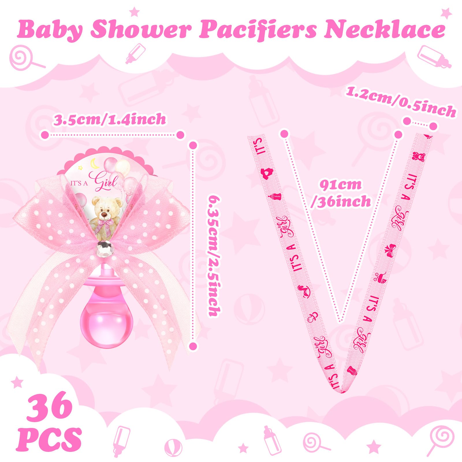 Hotop 36 Pcs Baby Shower Pacifier Necklace Cute Bear Acrylic Baby Party Favors Pacifier Charm Necklace for Girls Boys Shower Party Decoration Table Pieces(Pink,Girl)