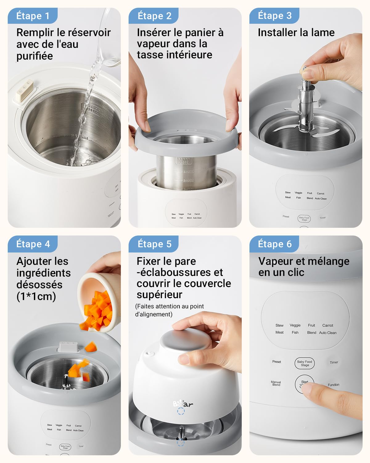 Bear Robot Cuiseur Bébé Multifonctions 10 en 1 NutriEase AllStage en Acier Inoxydable, Cuiseur Vapeur Mixeur OneStep, Cuisson et Mixage Automatiques pour une Alimentation Bébé Maison Saine, Sans BPA
