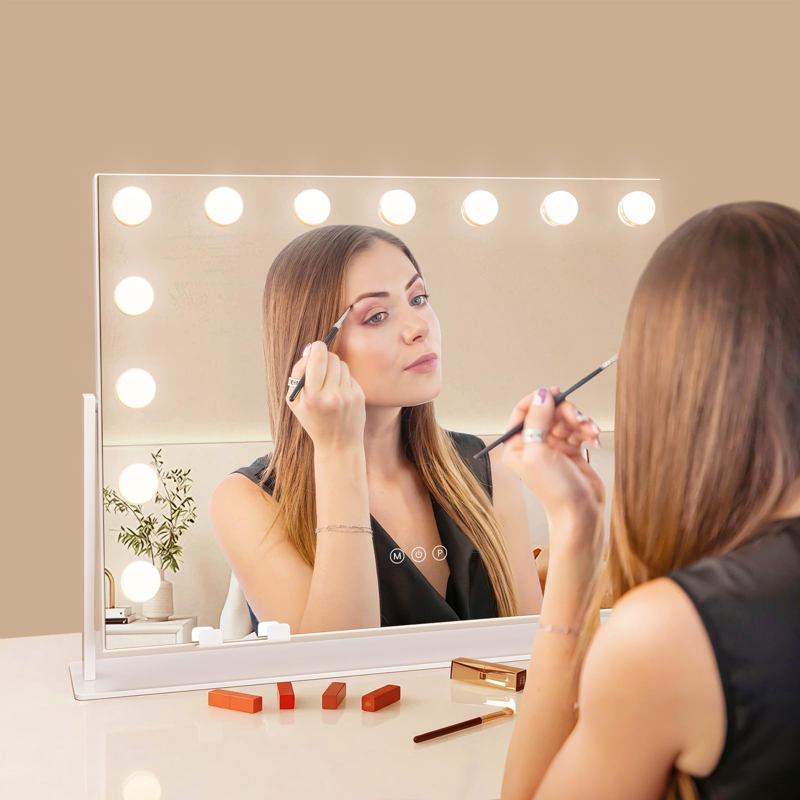 Dripex Specchio da Trucco con Luci Hollywood 15 LED, 46Lx62l cm, Rotazione a 360°, 3 Temperature di Colore, Regolazione Luminosità, Supporto per Telefono Rimovibile, Superficie Specchio: 43Lx58l cm