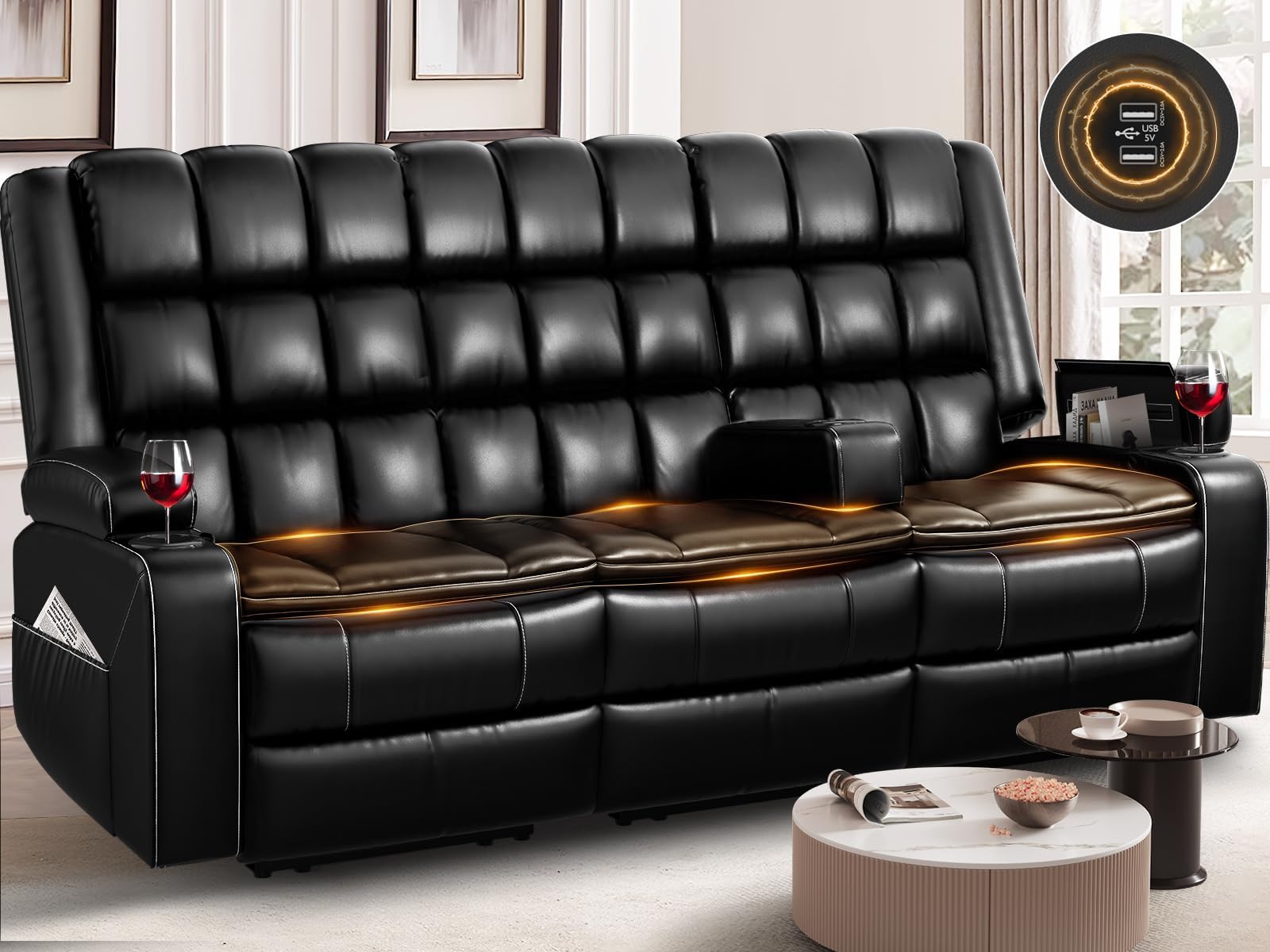 Recliner Sofa, Reclining Sofa 3 Seater Couch, Recliner with Removable Armrest Console USB, Reclining Couch with Cup Holder, PU Leather Couches with 2 Layers Cushion for RV