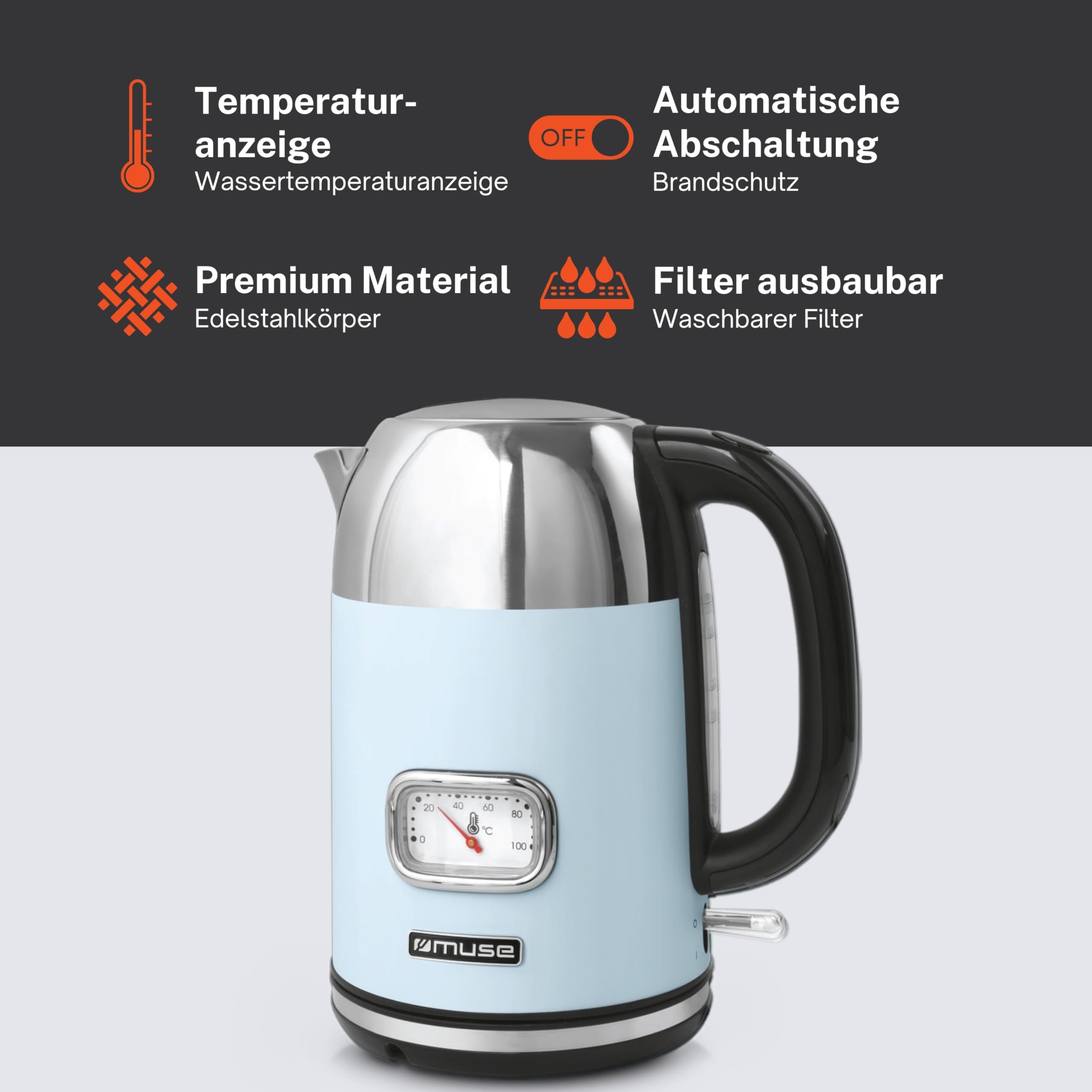 Muse Hervidor retro de acero inoxidable con pantalla analógica de temperatura, filtro lavable, escala transparente, capacidad de 1,7 l, apagado automático, azul pastel