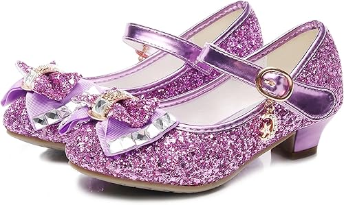 Zapatos de vestir para niñas, Mary Jane, boda, fiesta, talón, lazo con purpurina, zapatos de princesa con flores para niños pequeños