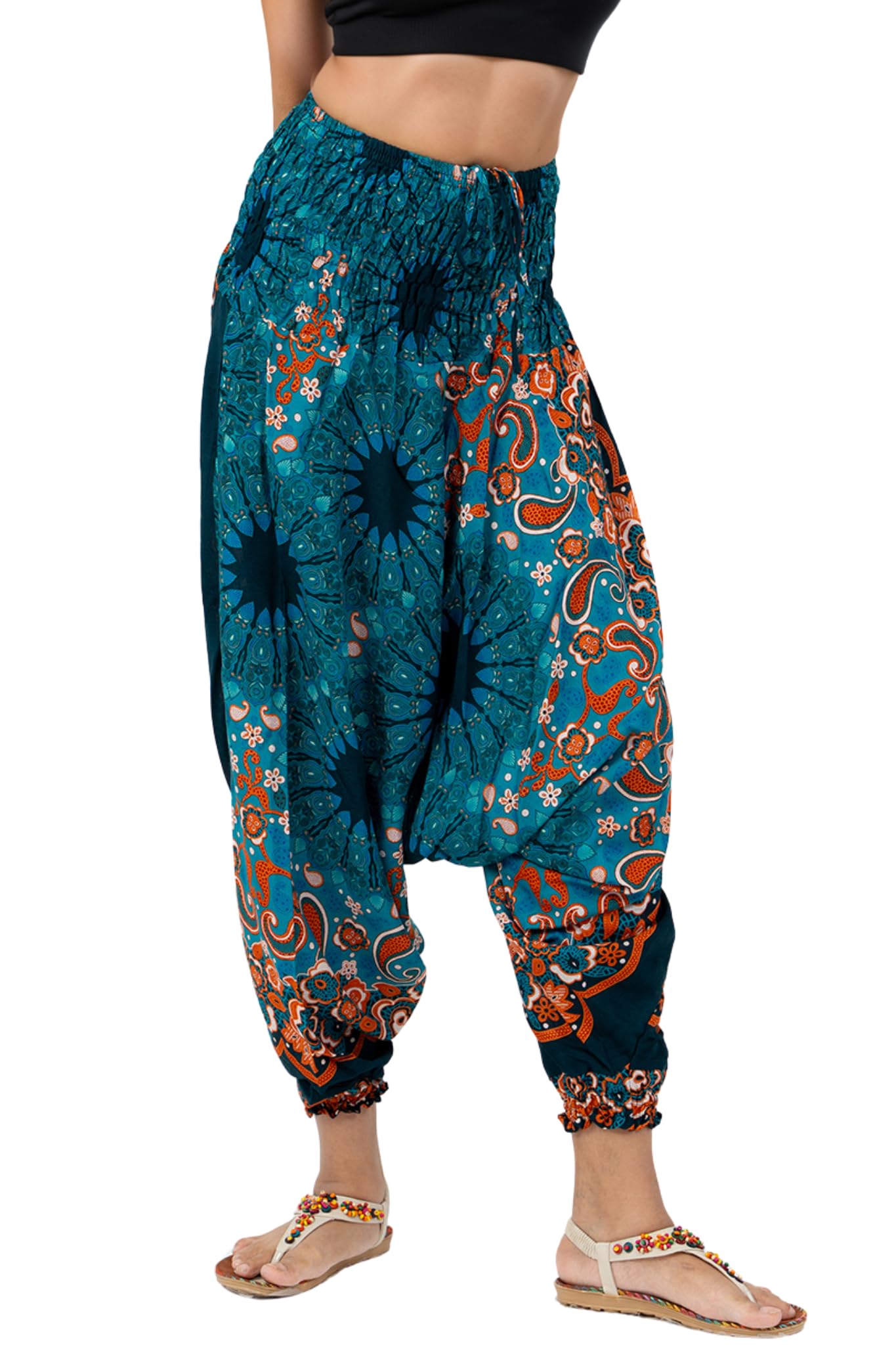 Boho Hippie Harem Pants Jumpsuit for Women – Lightweight Rayon Loose Dhoti Trousers with Elastic Waist for Lounge & Travel (Turquoise Peacock Tail_XL)