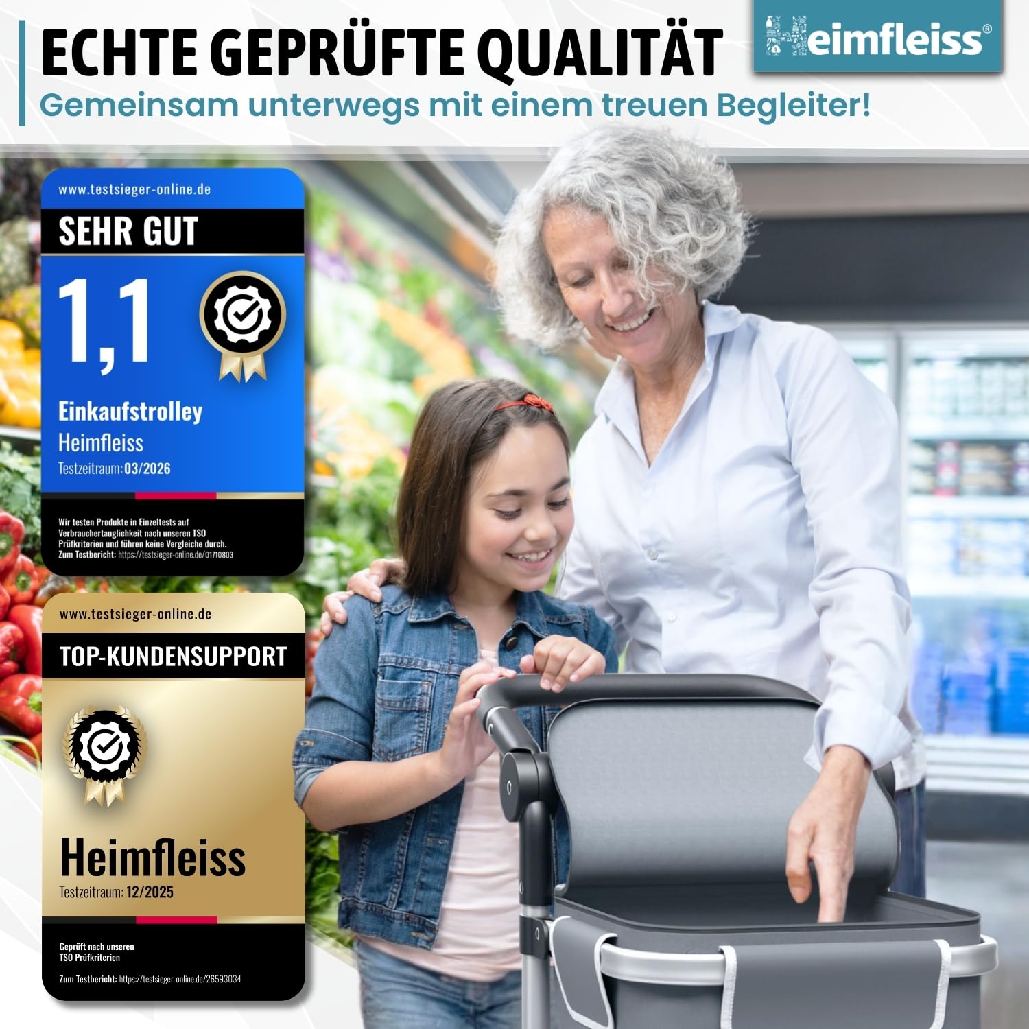 Heimfleiss® Trolley Einkaufstrolley mit 56L Volumen | Einkaufswagen klappbar mit 50kg Traglast | Leichte Einkaufstasche mit Rollen | Hackenporsche Shopping Trolley Groß mit Kühlfach