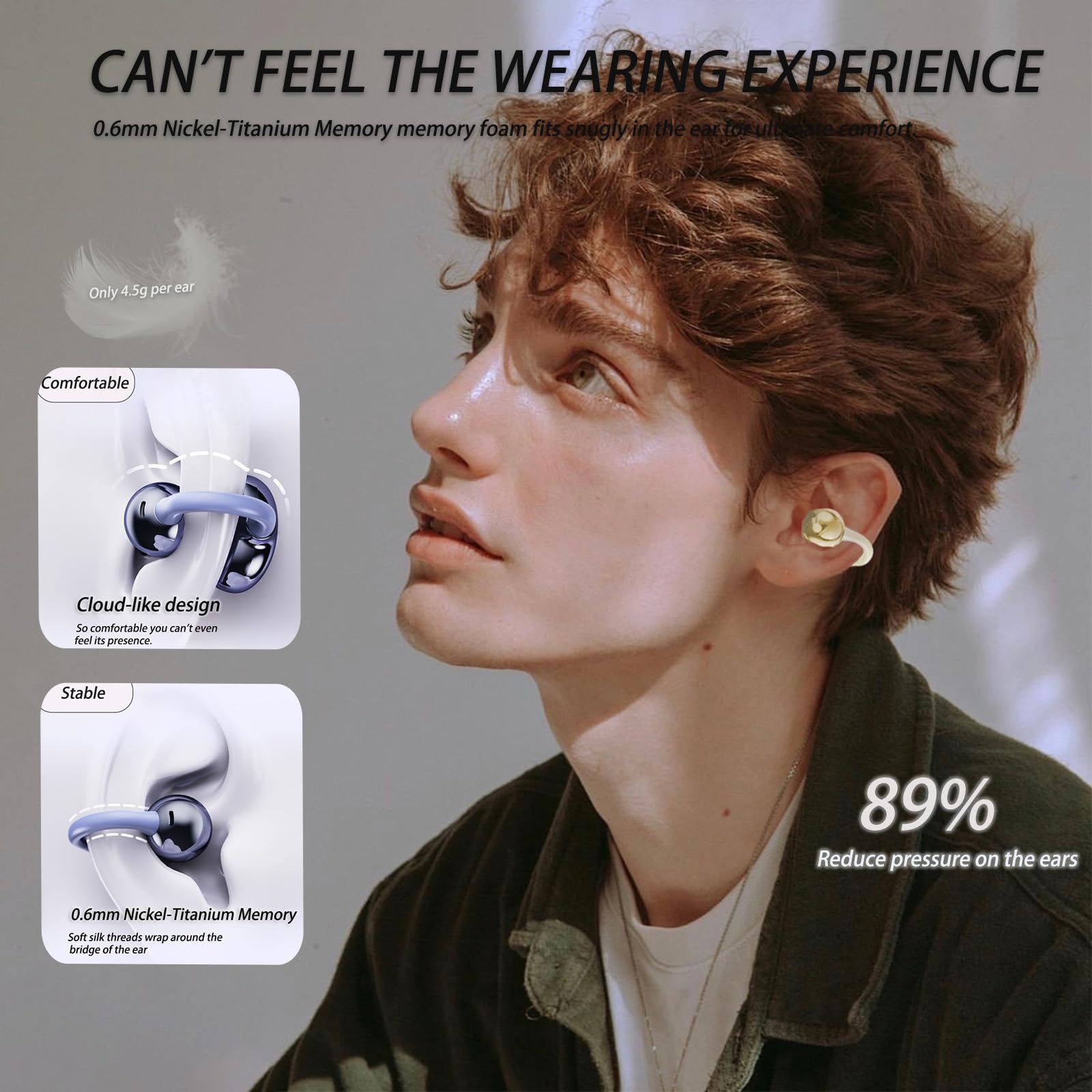 AZJLOOF Écouteurs Bluetooth sans Fil, Open-Ear avec Clip, Léger et Stable Seulement 4.5g, Suppression du Bruit, iOS & Android, IP57, Affichage LED, pour Voyage/Deporte/Études/Running Sport (Blanc) - 5