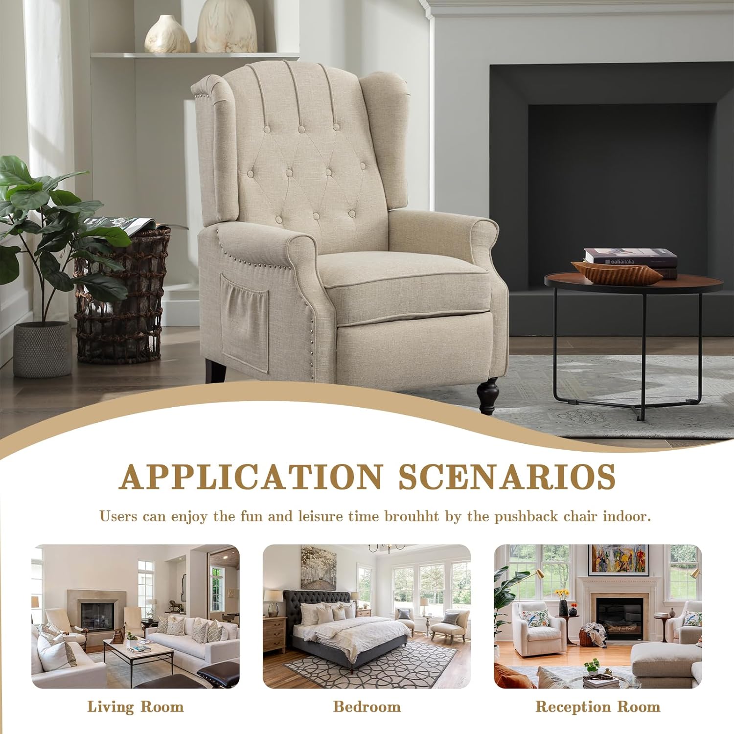 Pushback Small Recliner Chair Set of 2, Linen Elizabeth Tufted Armchair Accent Chair with Massage &Heat, Mid Century Modern Wingback Single Sofa Chair for Living Room, Small Space(Beige, 2PC)