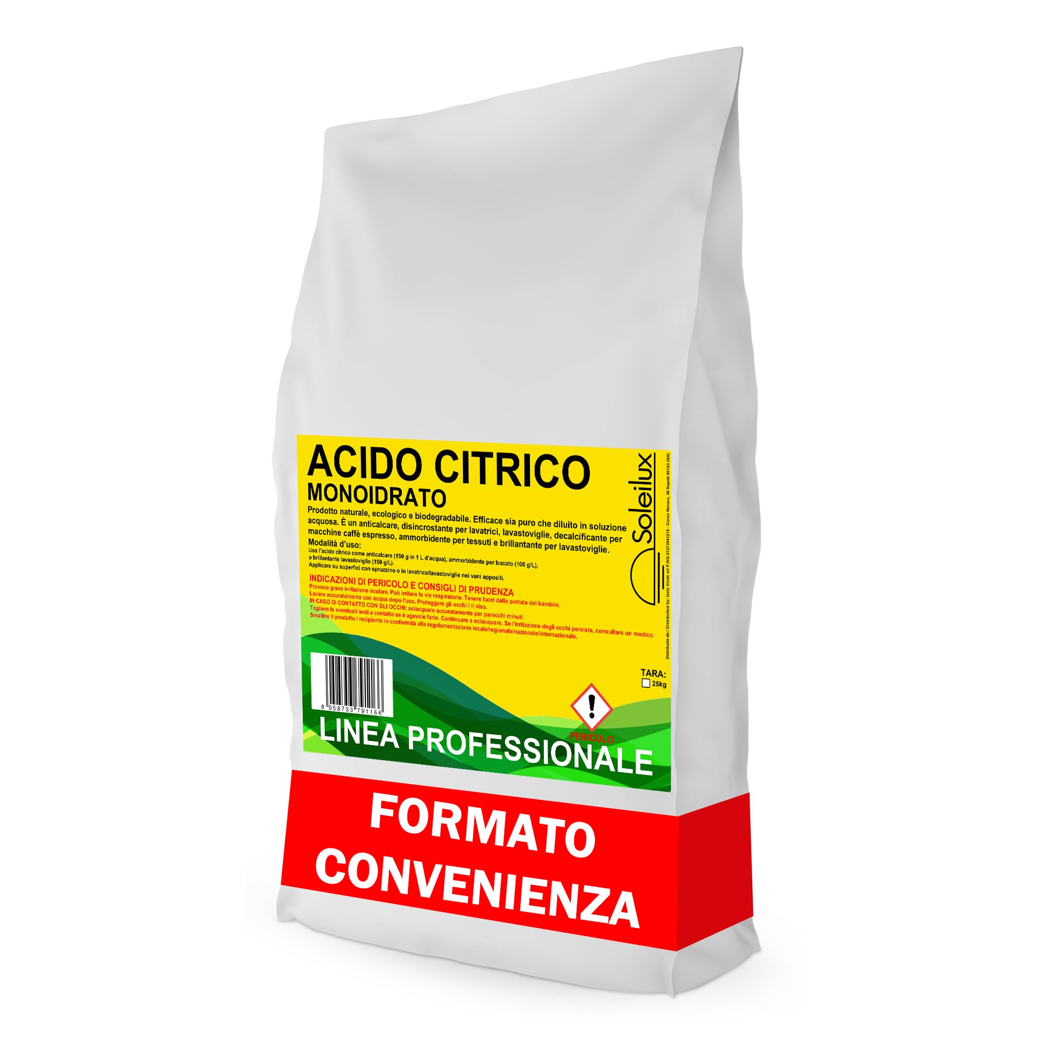 25kg Acido Citrico Monoidrato E330 in Polvere Naturale ed Ecologico Multiuso per Pulizia e Anticalcare, Brillantante, Disincrostante, Decalcificante