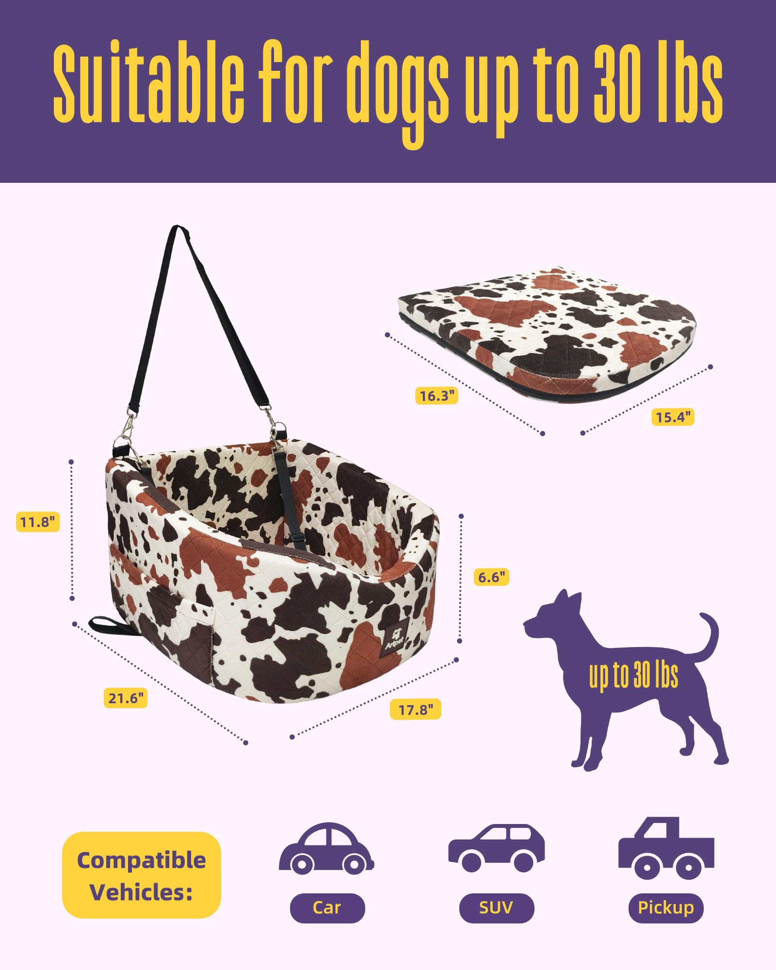 Asiento de Seguridad para Perros Pequeños y Medianos - Confortable, Antideslizante, con Fijación al Cinturón de Seguridad, Colores: Marrón con Patrón Lechoso