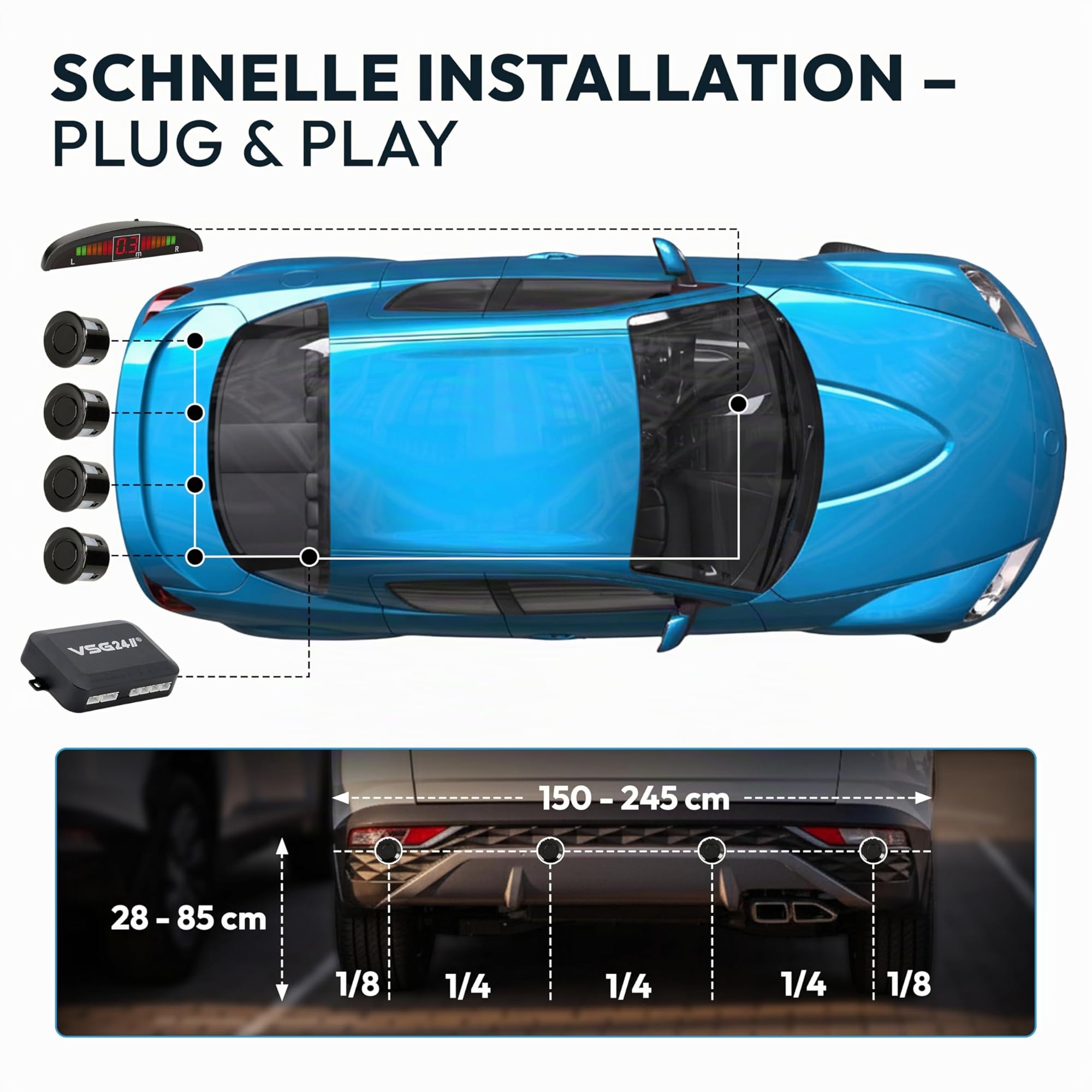 VSG24 Einparkhilfe Set hinten mit Display und 4 Sensoren – robuste PDC Parkhilfe für Auto, SUV & Transporter – optischer & akustischer Rückfahrwarner, 30–150 cm Reichweite – 12V Nachrüstsystem