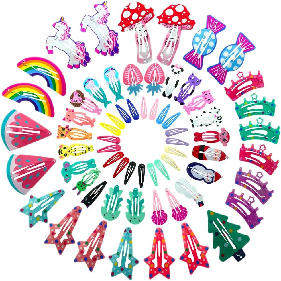 HAODAMO Baby Hair Clips, 66PCS Metal Animal Fruit Pattern Hair Barrettes Candy Color Heart Shape Star Shape Snap No-slip Hair Clips for Little Girls Toddlers Kids Women， Christmas present