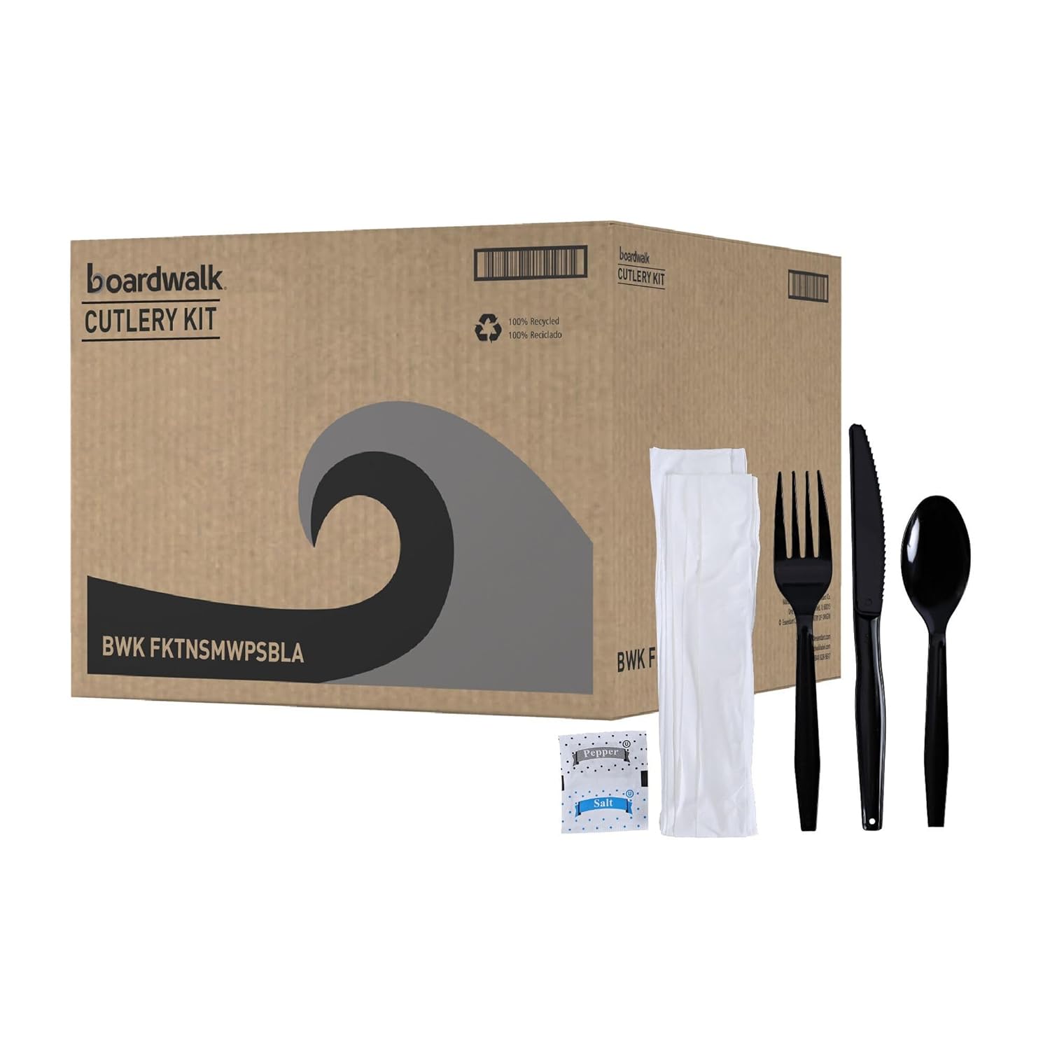 Boardwalk Six-Piece Cutlery Kit, Condiment/Fork/Knife/Napkin/Teaspoon, Black, 250/Carton