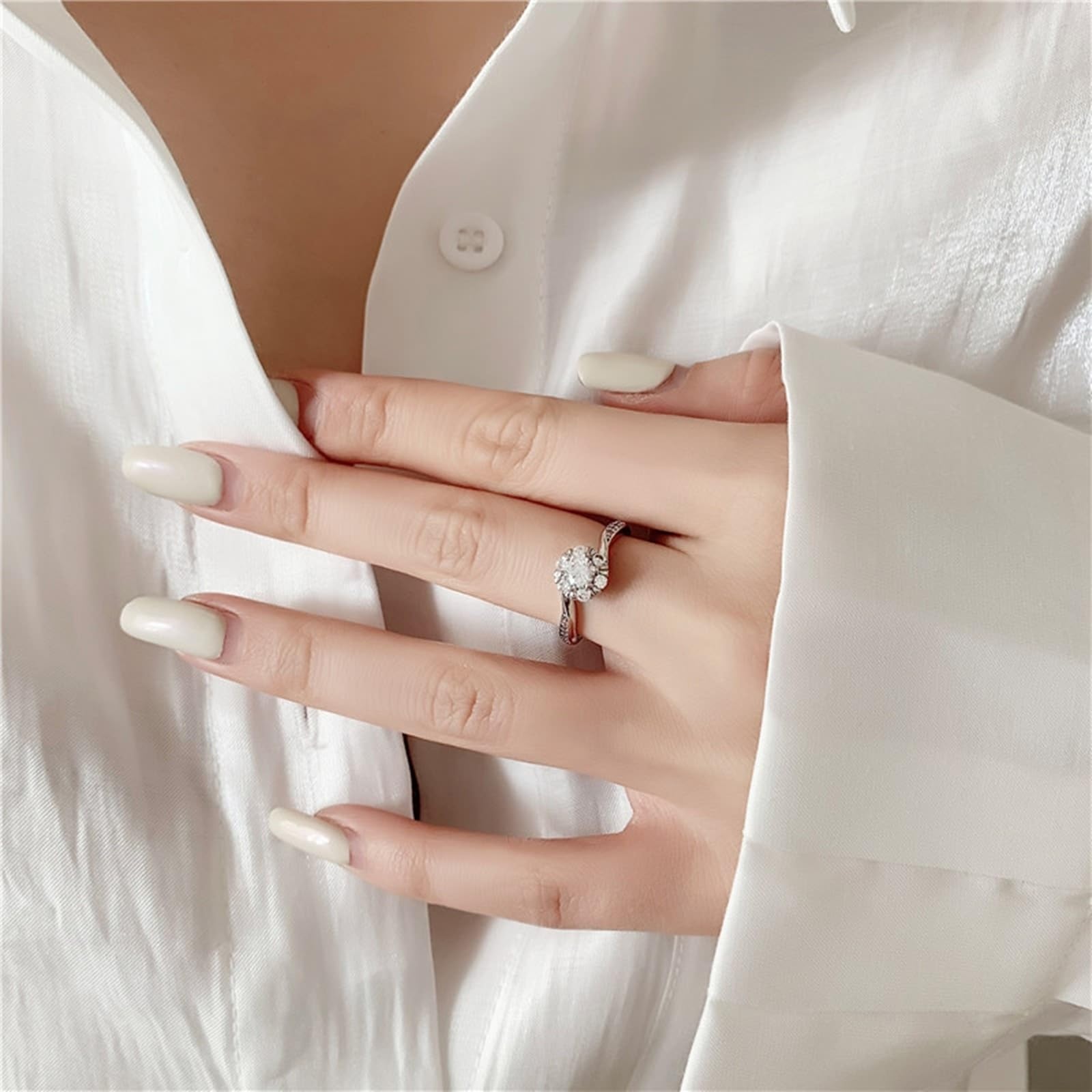 Anillo de compromiso de oro blanco de 9 quilates, diamante de laboratorio blanco para mujer, flor de boda