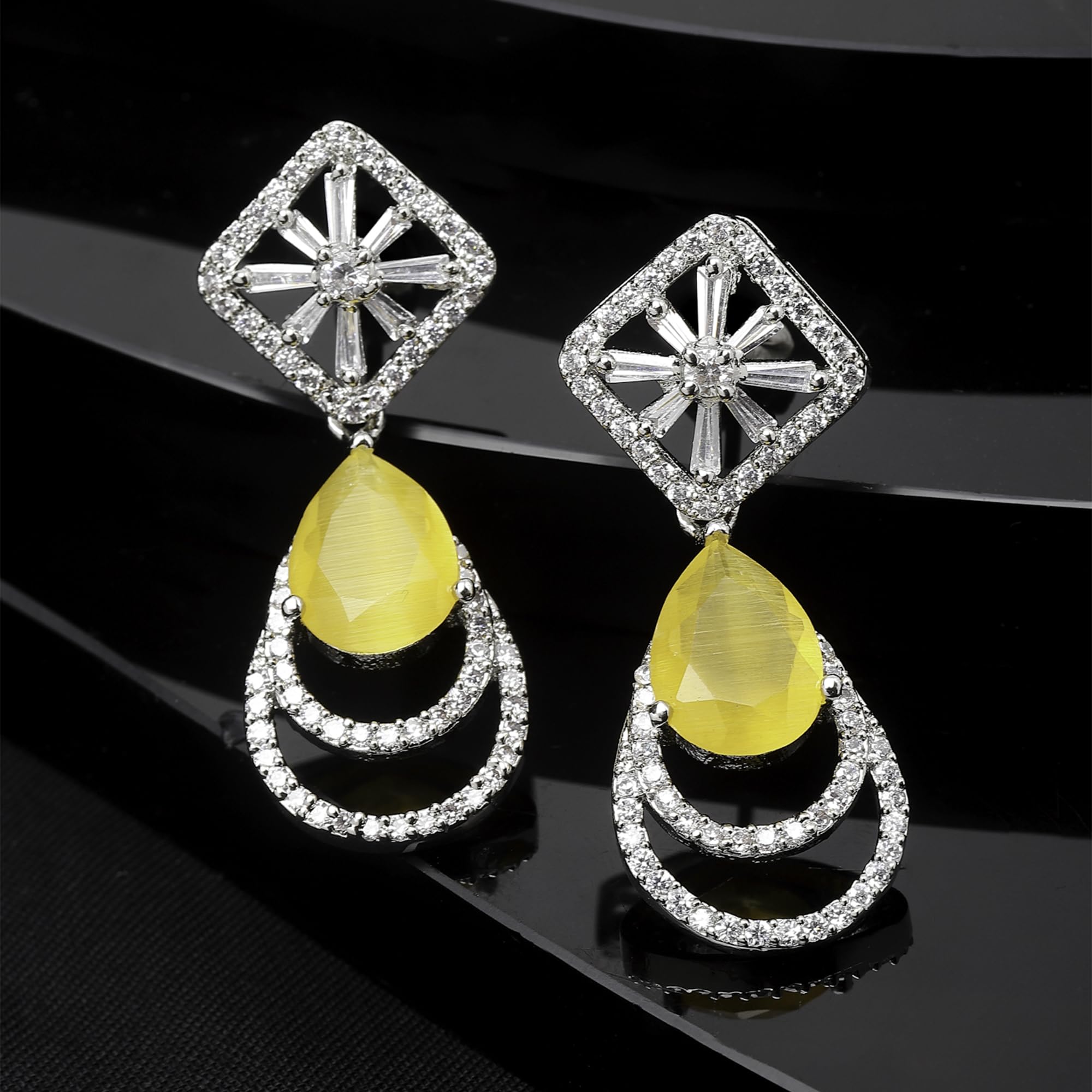 Rhodium-Plated American Diamond Teardrop Drop Earrings