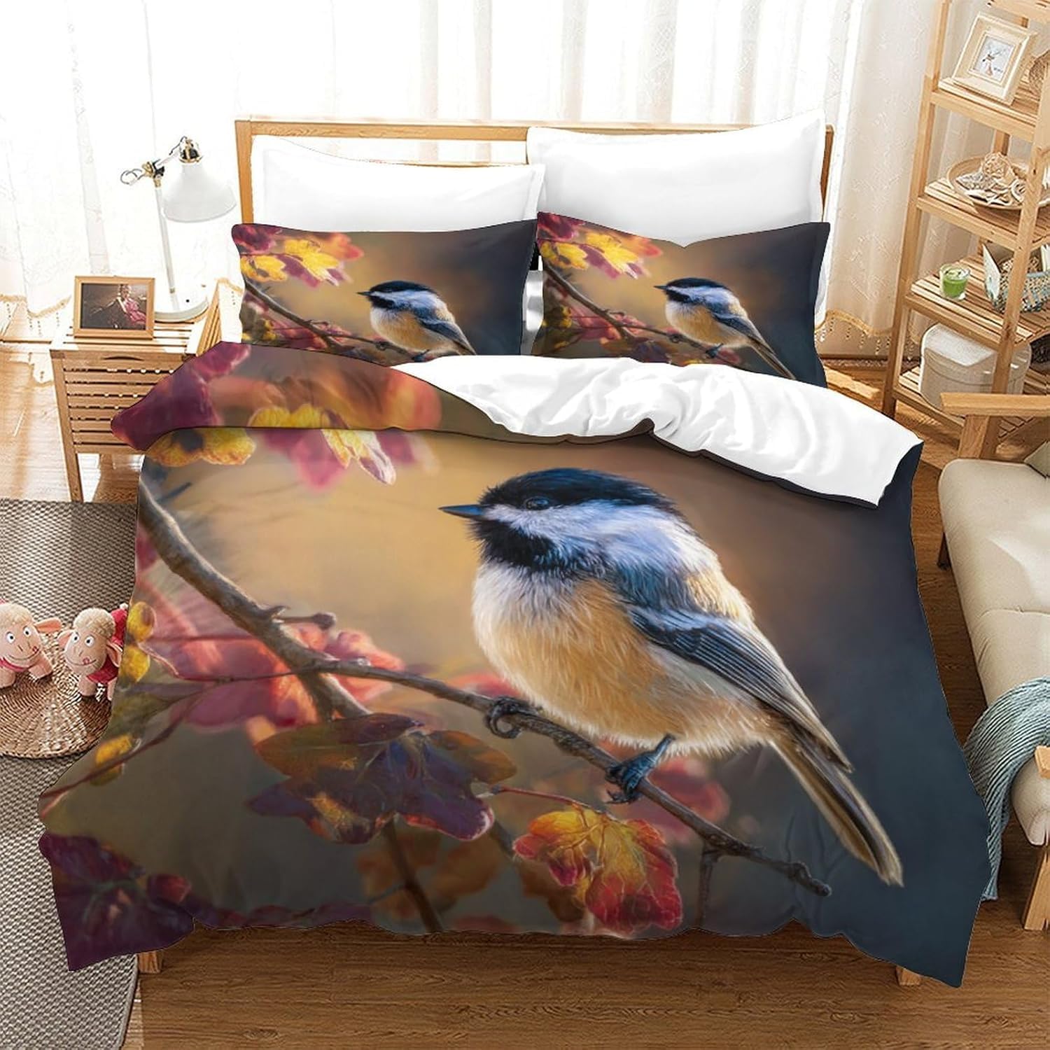 Pościel z motywem ptaków, 220 x 240 cm, nadruk 3D, świat zwierząt, poszewka na kołdrę z miękkiej mikrofibry, zestaw 3-częściowy, poszwa na kołdrę z zamkiem błyskawicznym i 2 poszewki na poduszkę 80 x
