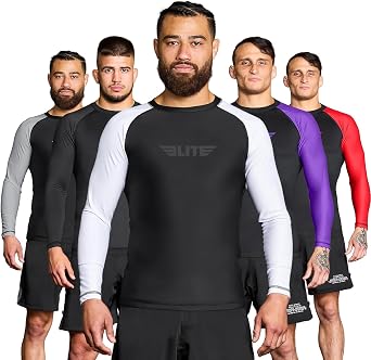 Elite Sports Mens Jiu Jitsu BJJ Rash Guard, Long Full Sleeve Compression Shirt for Sports Nogi Training