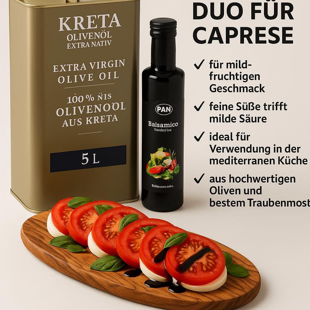 Kreta Natives Olivenöl extra (Koroneiki), frische Ernte – Set: 5 L Kanister + Balsamico-Essig 250 ml, kaltgepresst